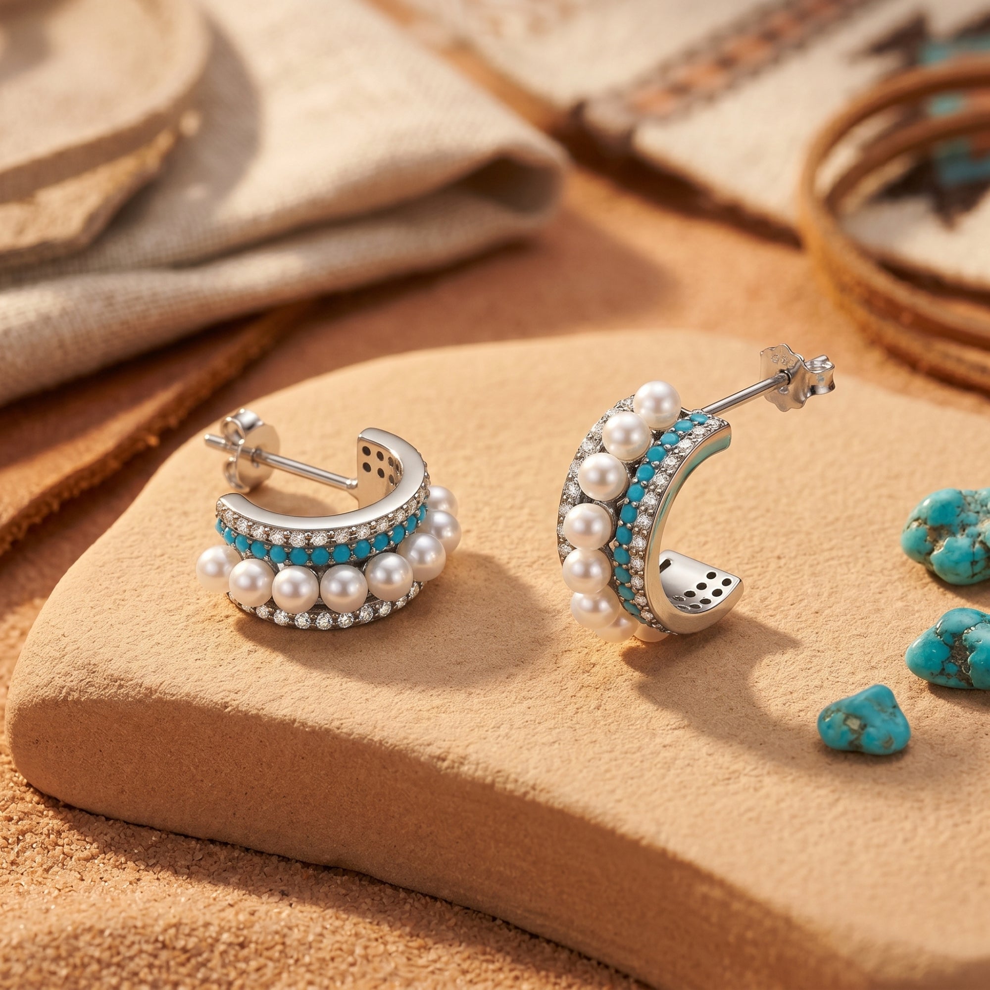 Side and front view of silver C-hoop earrings with pearls and turquoise on a rustic stone.