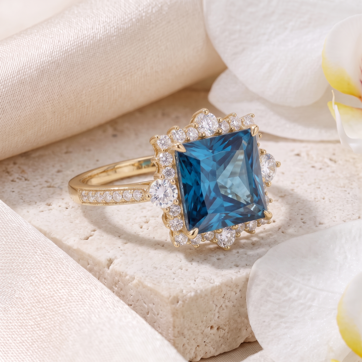 Side angle view of the yellow gold halo ring highlighting the princess-cut blue stone and detailed band.