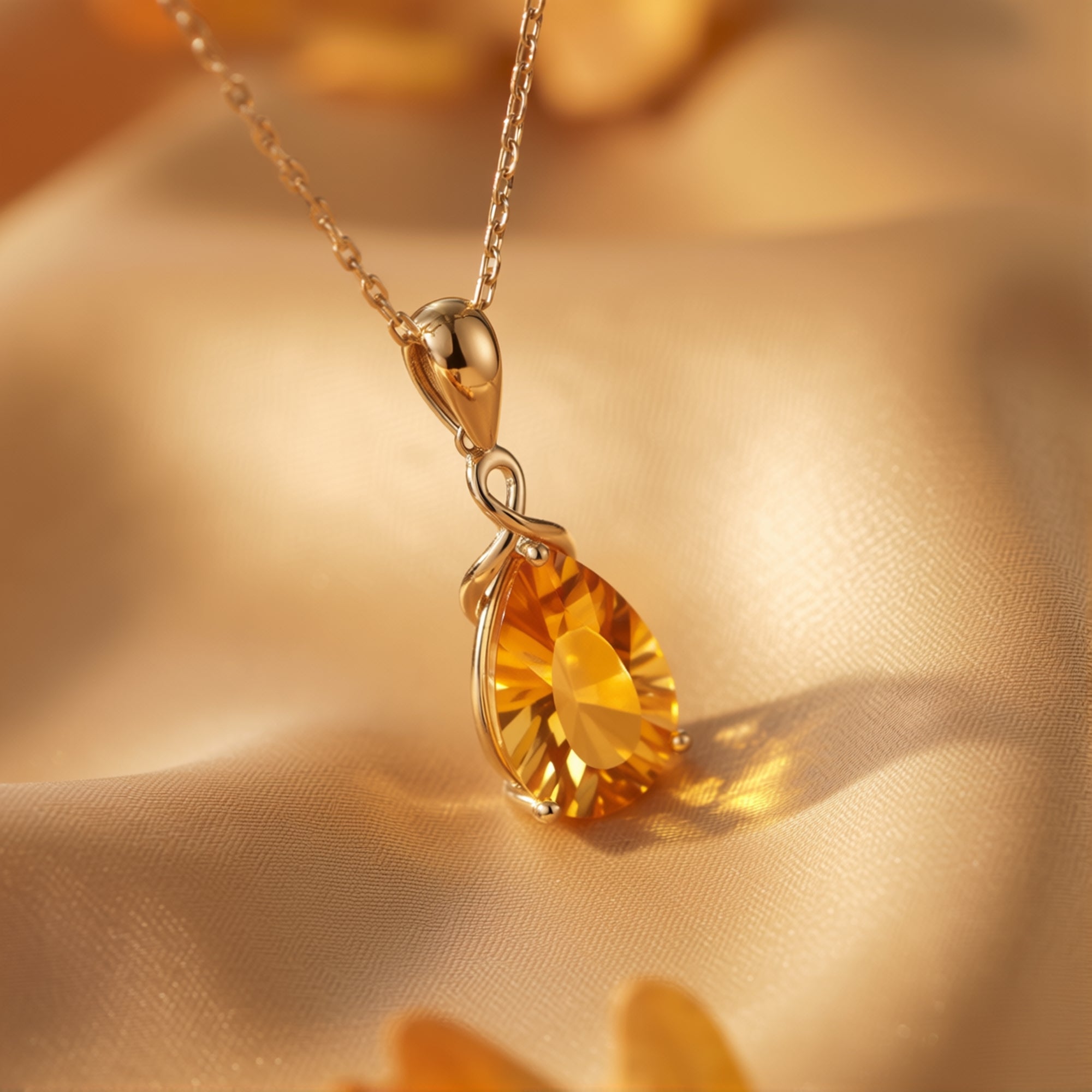 Close-up of a pear cut citrine pendant in 18K yellow gold showing intricate stone faceting.