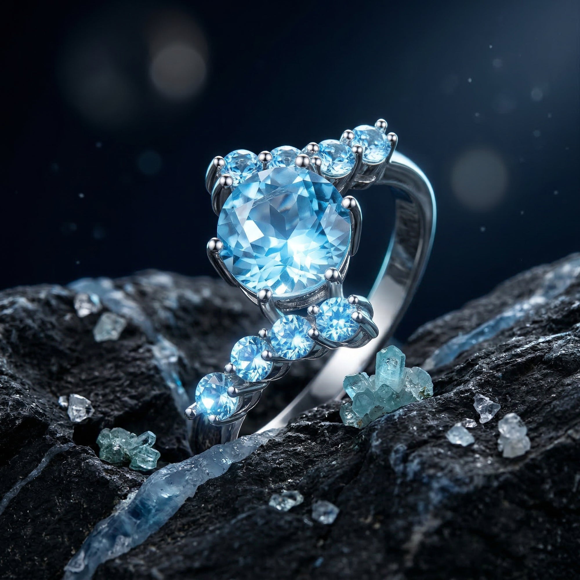 Macro detail of a 7mm round cut natural blue topaz ring in S925 sterling silver showing faceted stones.