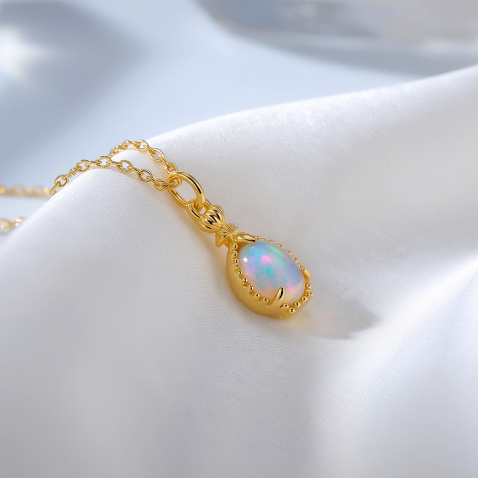 Close-up of a pear cut natural opal pendant in a gold-tone sterling silver setting on white fabric.