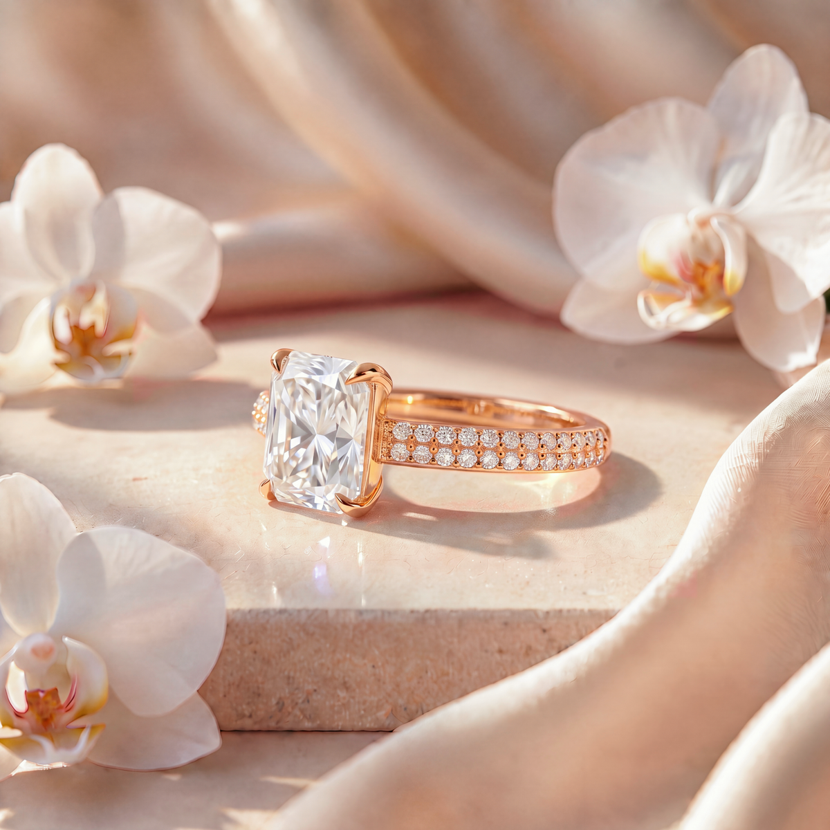 Side angle view of the yellow gold radiant-cut moissanite ring showcasing the double-row pave setting.