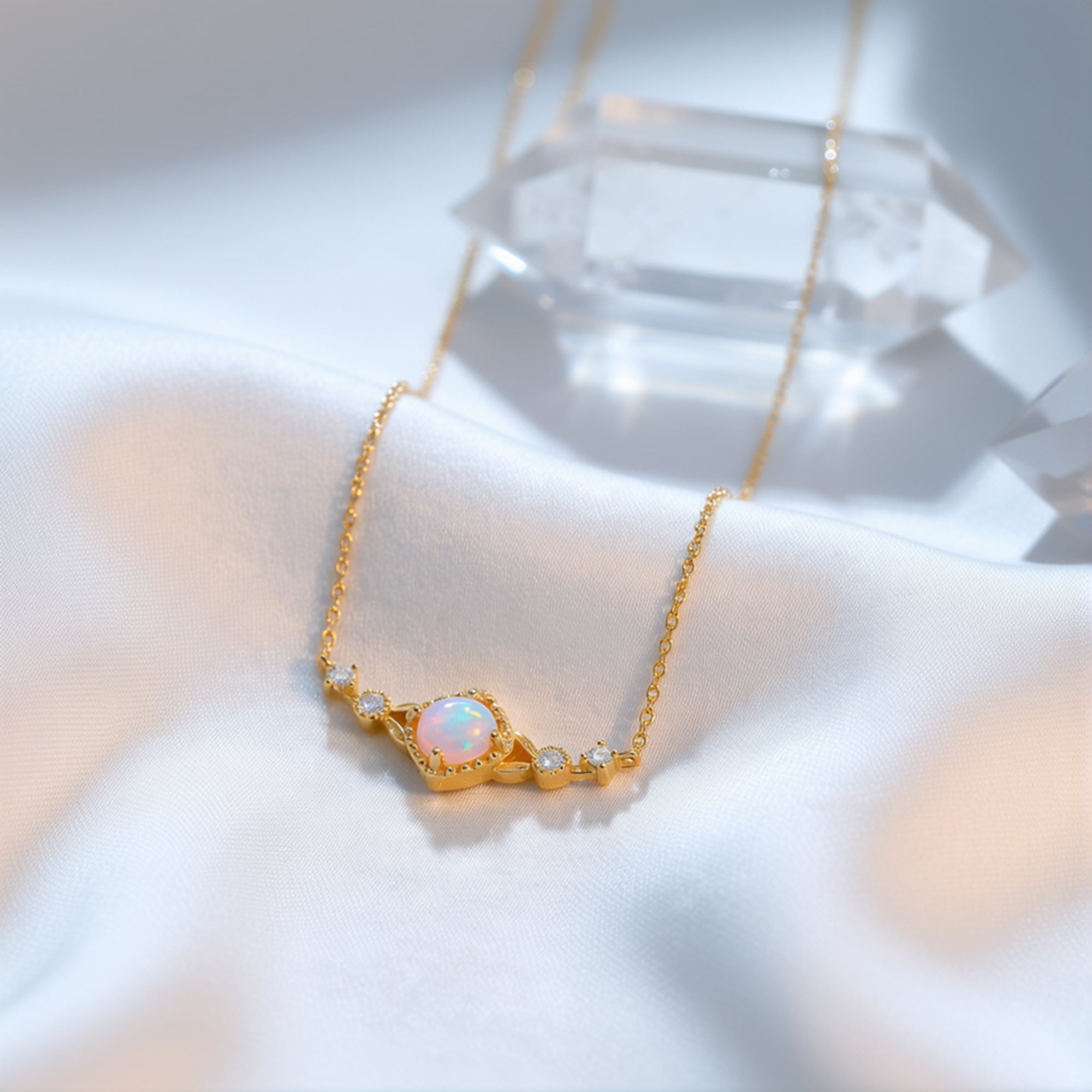 Close-up of a gold-tone sterling silver necklace featuring a round white opal on draped white fabric.