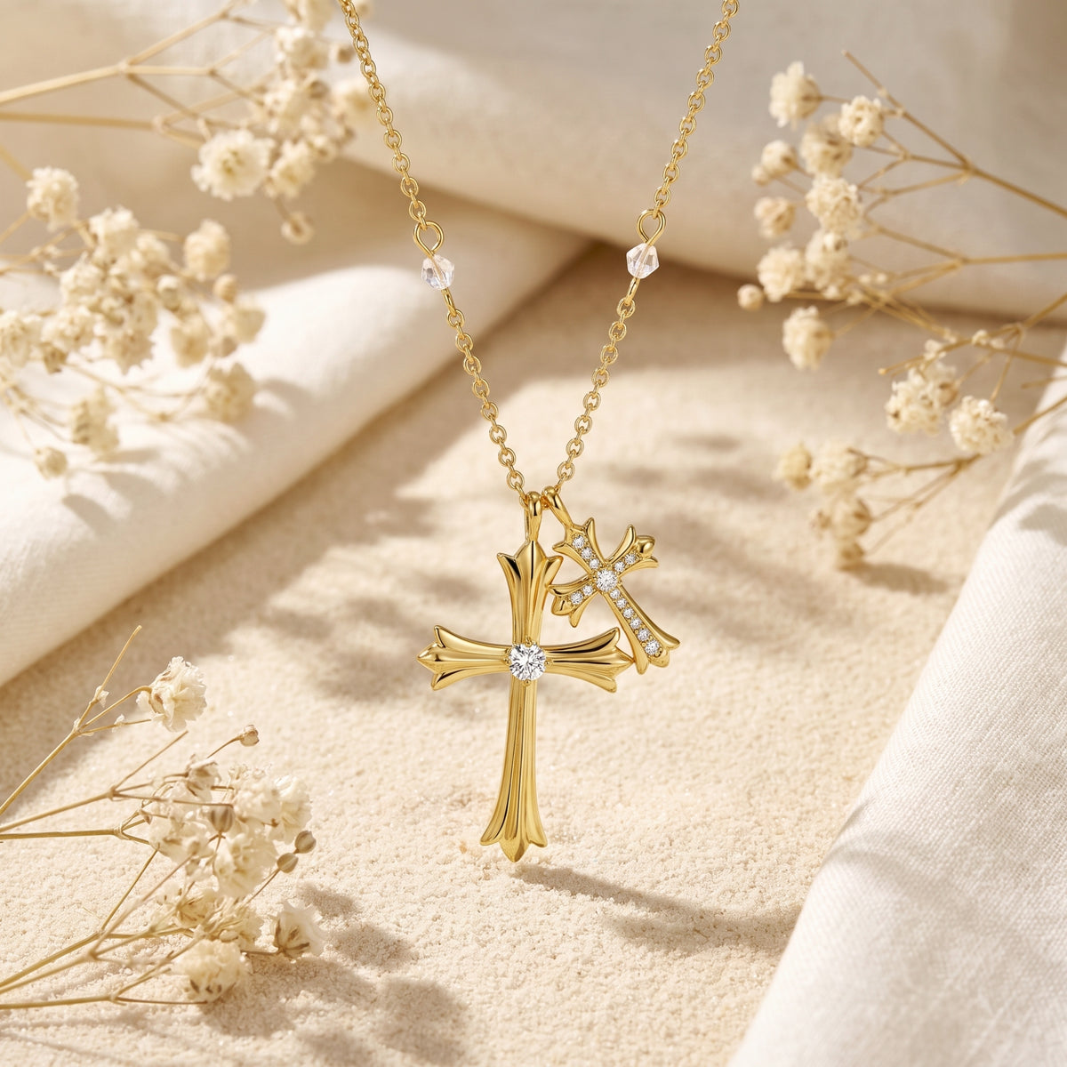 Gold-tone duo cross pendant necklace hanging vertically against a textured beige backdrop.