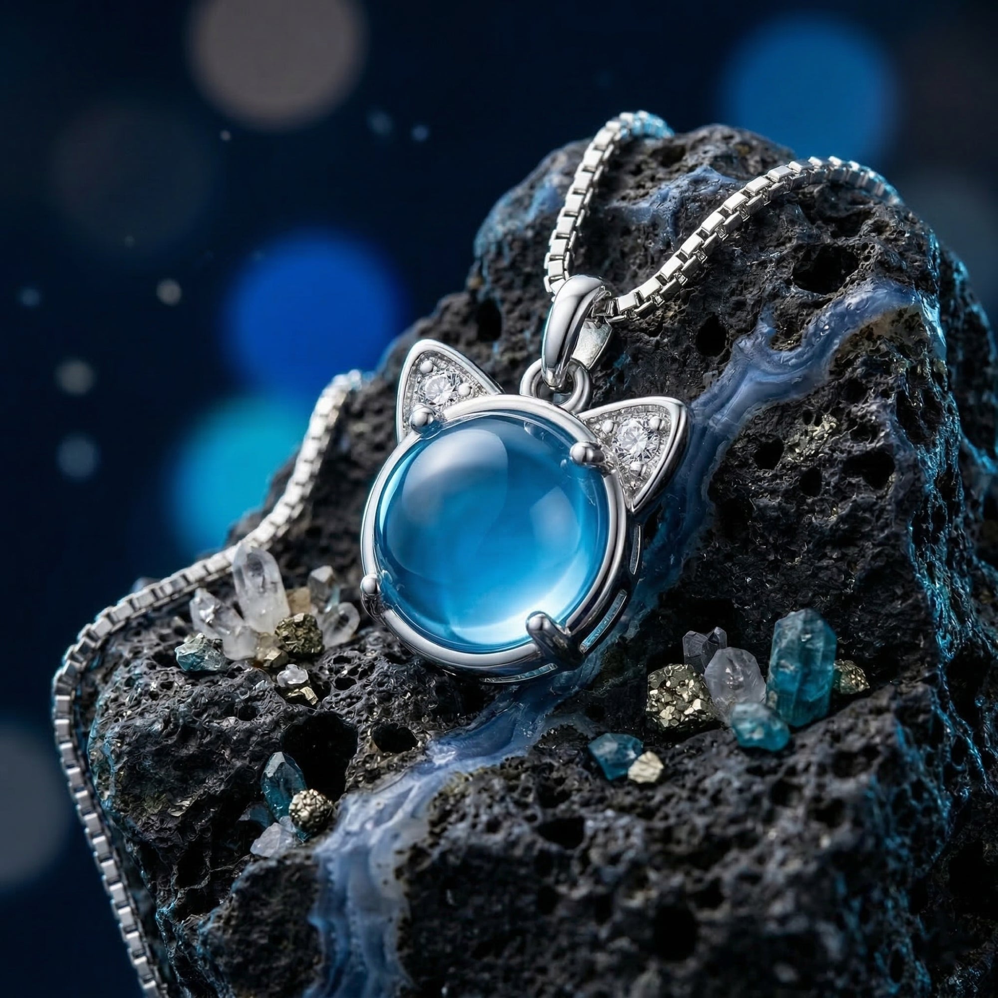 Macro view of the silver Swiss Blue topaz cat pendant necklace with stone-encrusted ears.