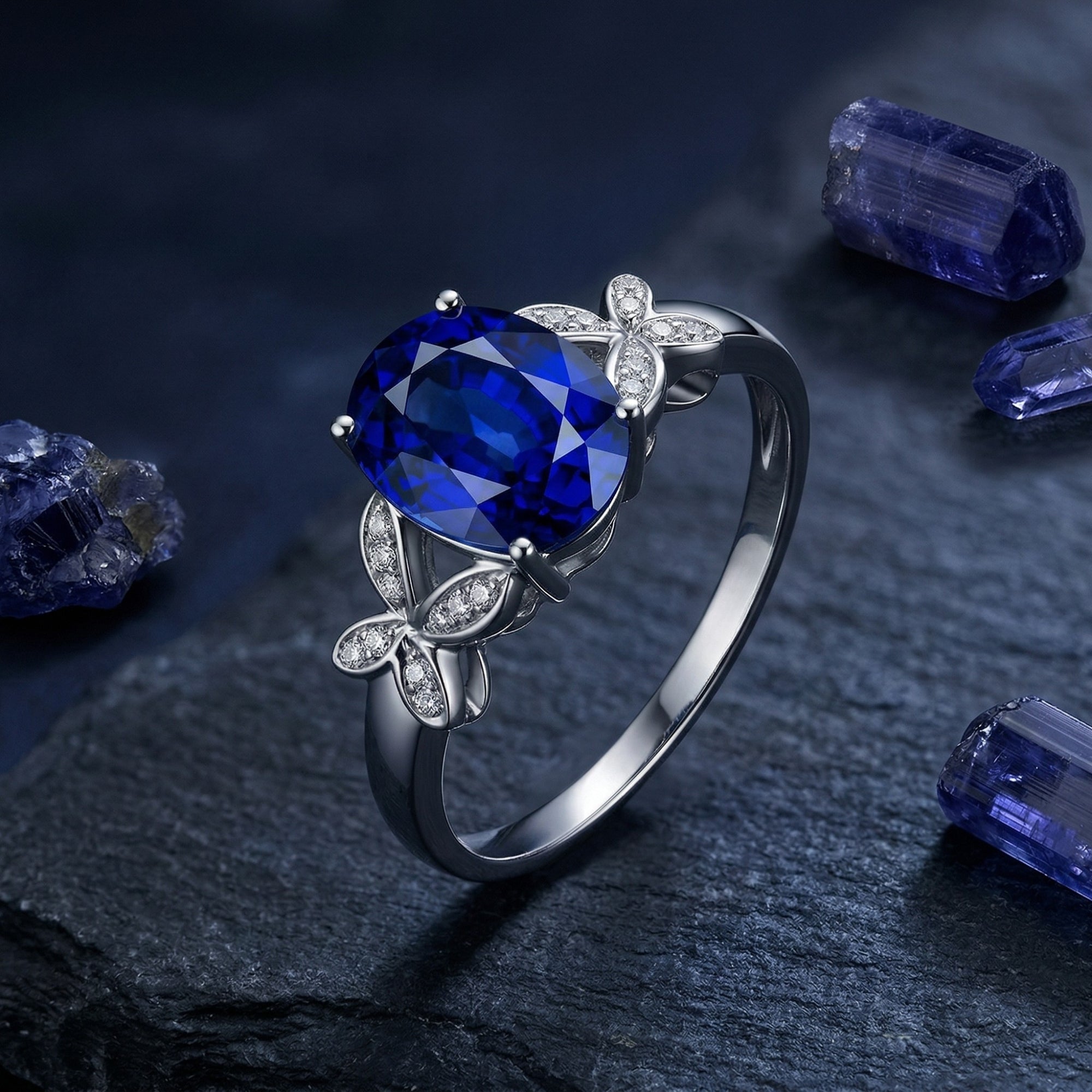 Side view of an 18K white gold ring featuring an oval tanzanite center and diamond-encrusted butterfly accents.
