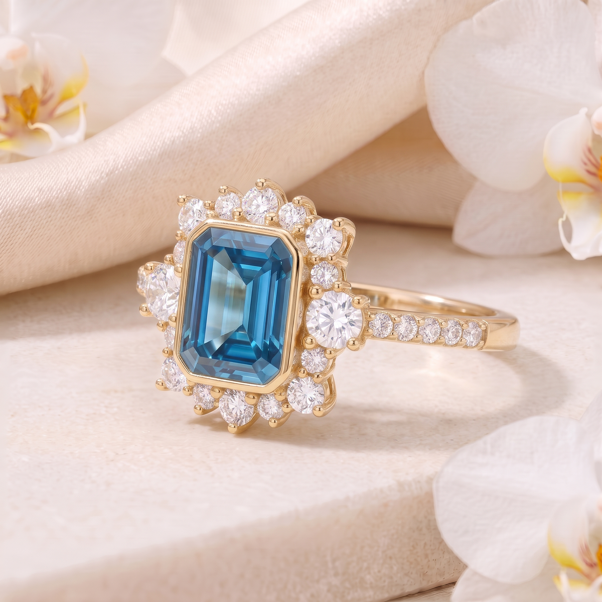 Angled perspective view of an emerald-cut blue gemstone halo ring in yellow gold.