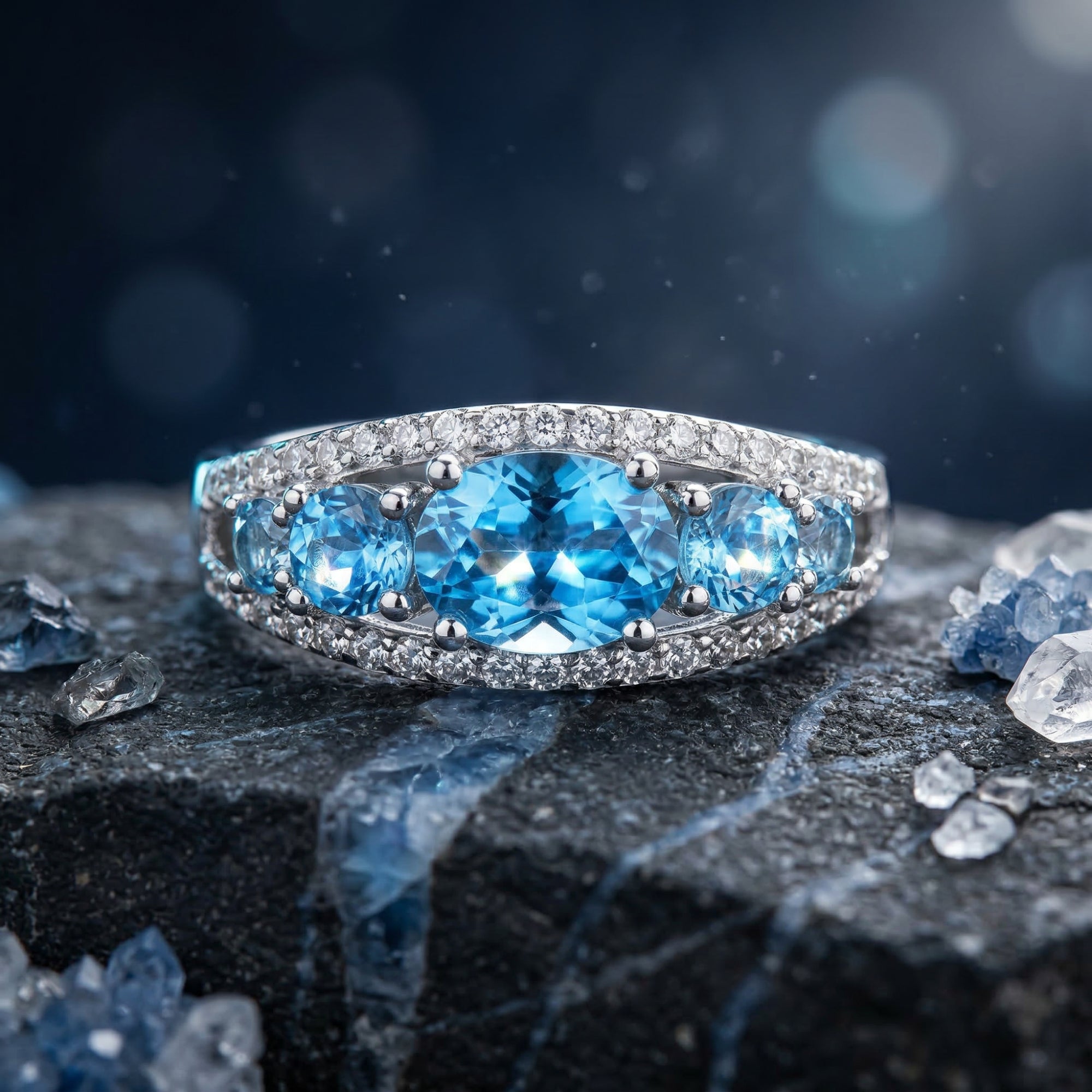 Macro view of the Nereida ring's oval Swiss blue topaz and round accents in sterling silver.