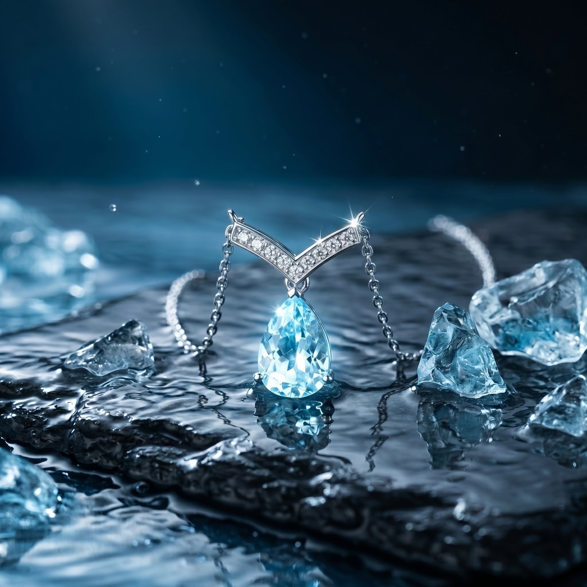 Close-up of a pear cut aquamarine pendant with a diamond-set platinum V-bail resting on a wet, dark stone surface.