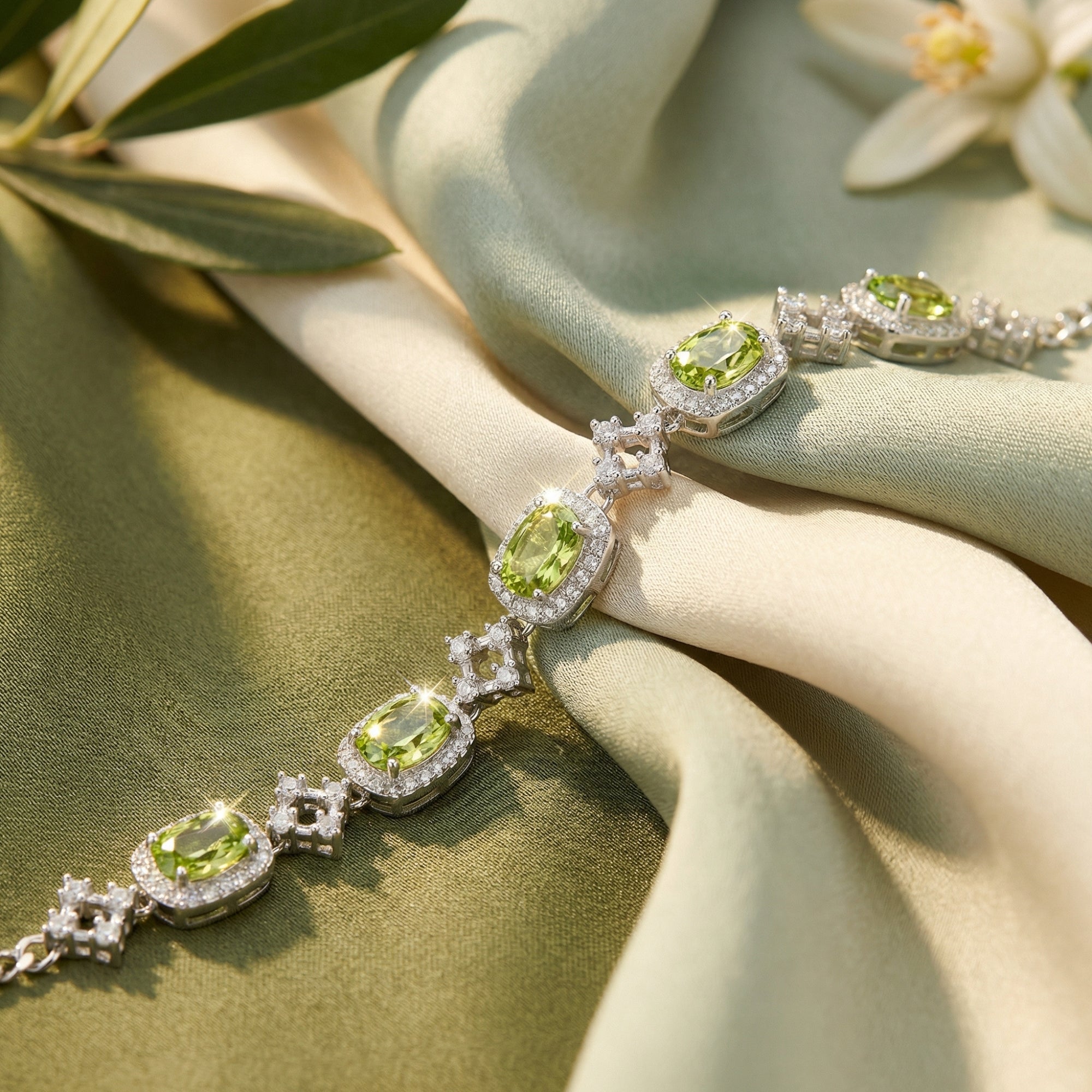 Detail view of oval cut peridot gemstones and halo settings on a S925 sterling silver station bracelet.