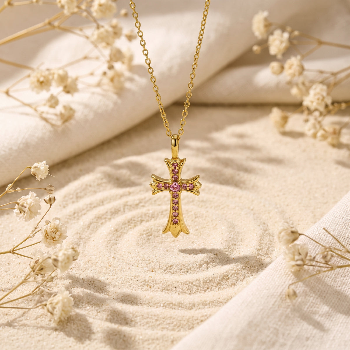 Gold-tone cross pendant with pink accents hanging vertically from its chain above rippled sand.