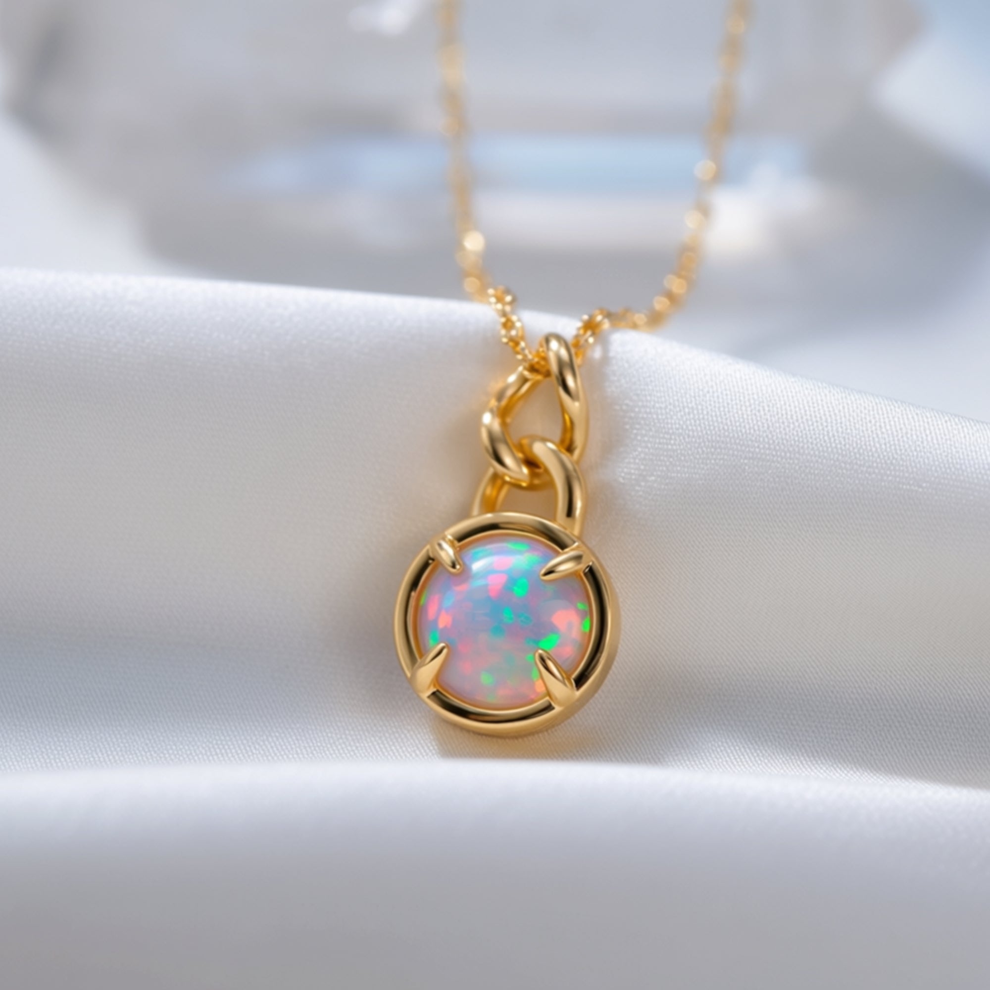 Macro view of the round cut white opal pendant in a gold-tone minimalist setting on white fabric.