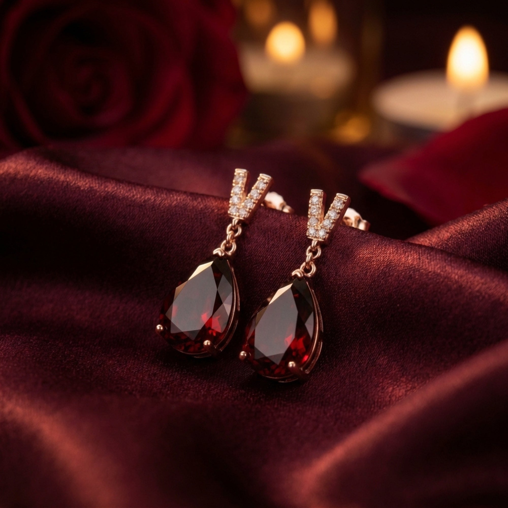 Close-up of Olyndra pear earrings in 18K rose gold with pear-cut natural garnets on red silk.