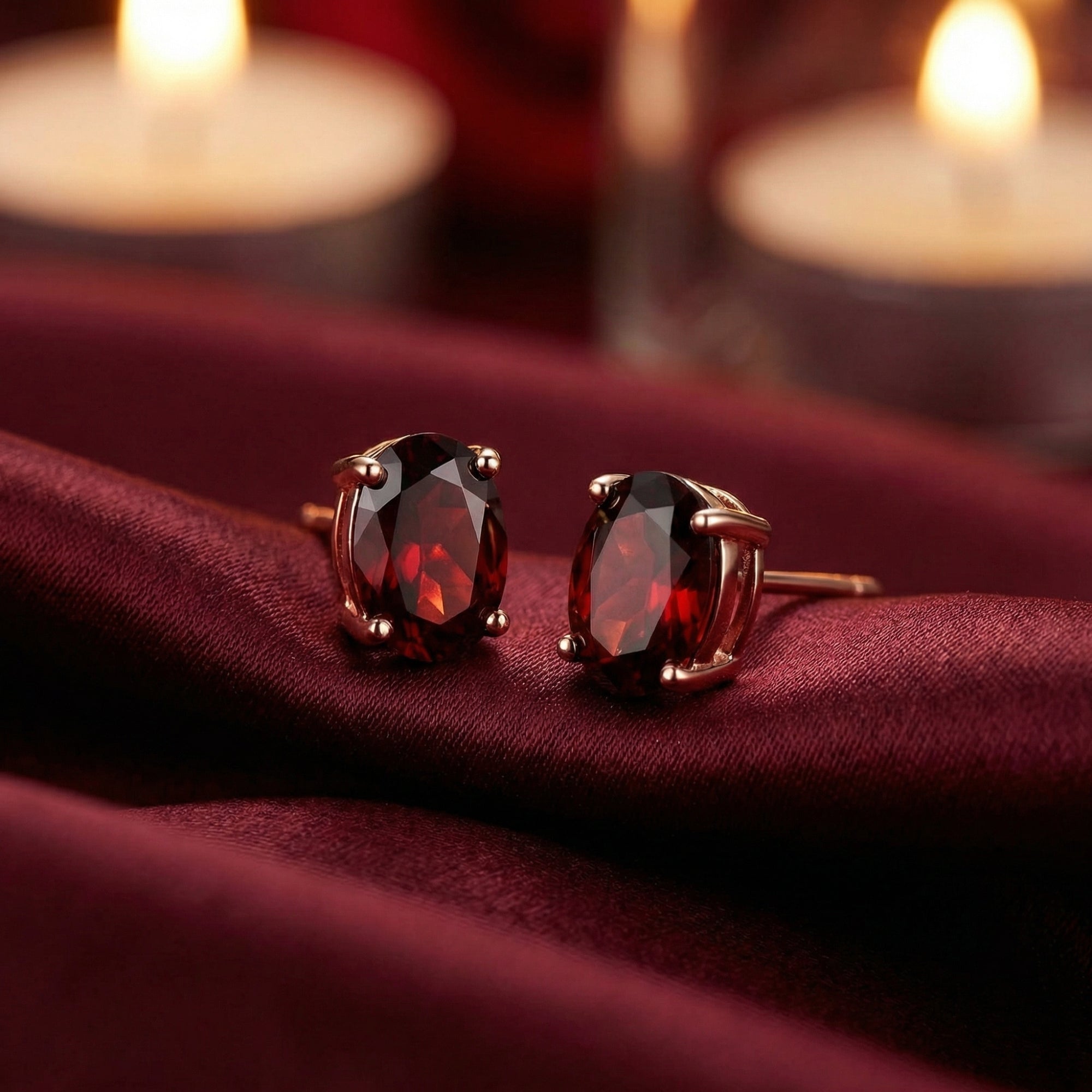 Close-up of Carina oval garnet stud earrings in 18K rose gold settings on burgundy silk fabric.