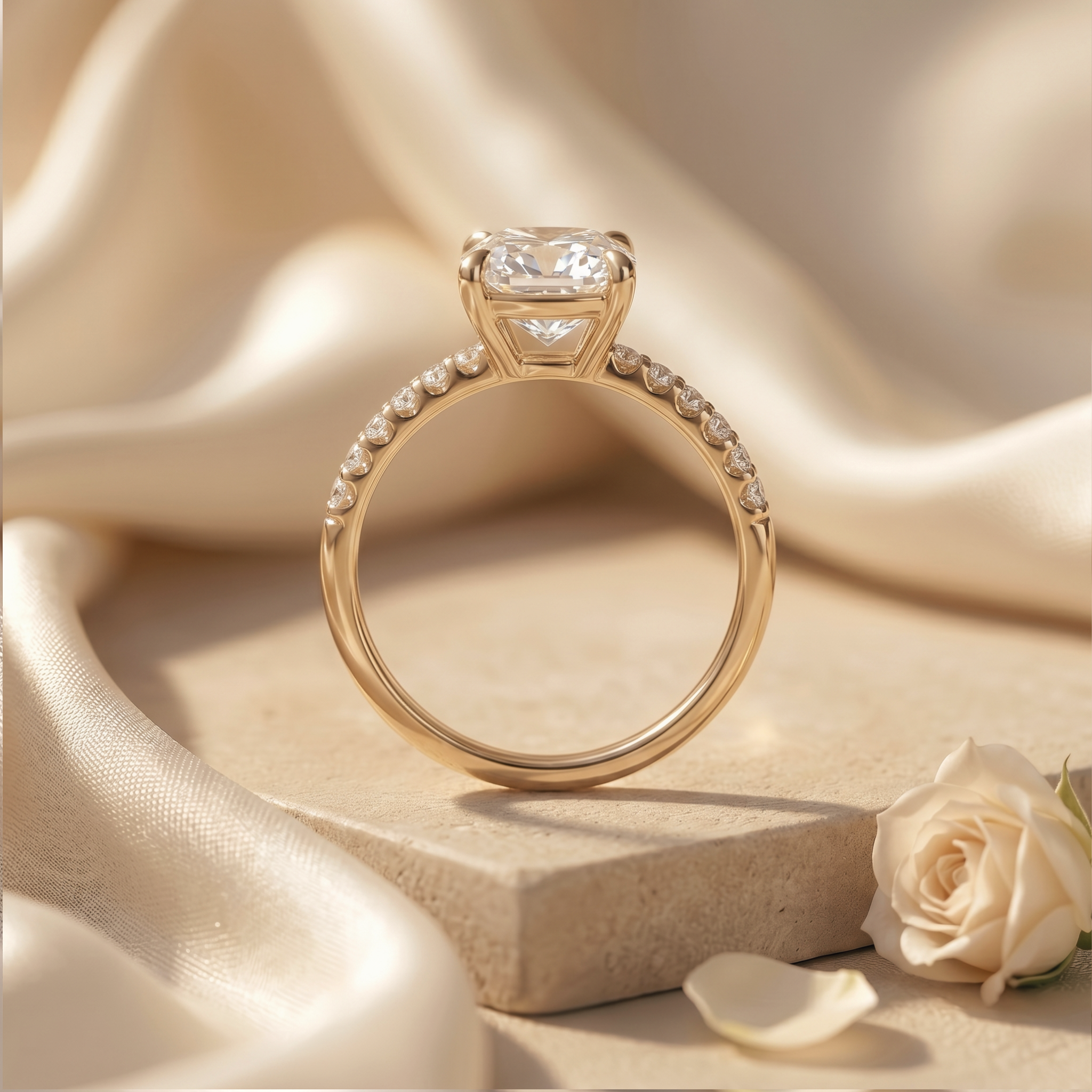 A profile view of a yellow gold cushion-cut moissanite engagement ring, highlighting the detailed pavé setting.