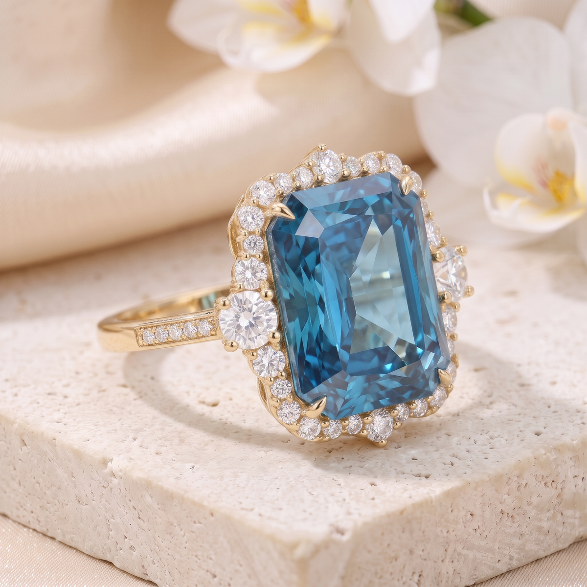 Angled view of a radiant cut blue moissanite halo ring in yellow gold on a textured stone surface.