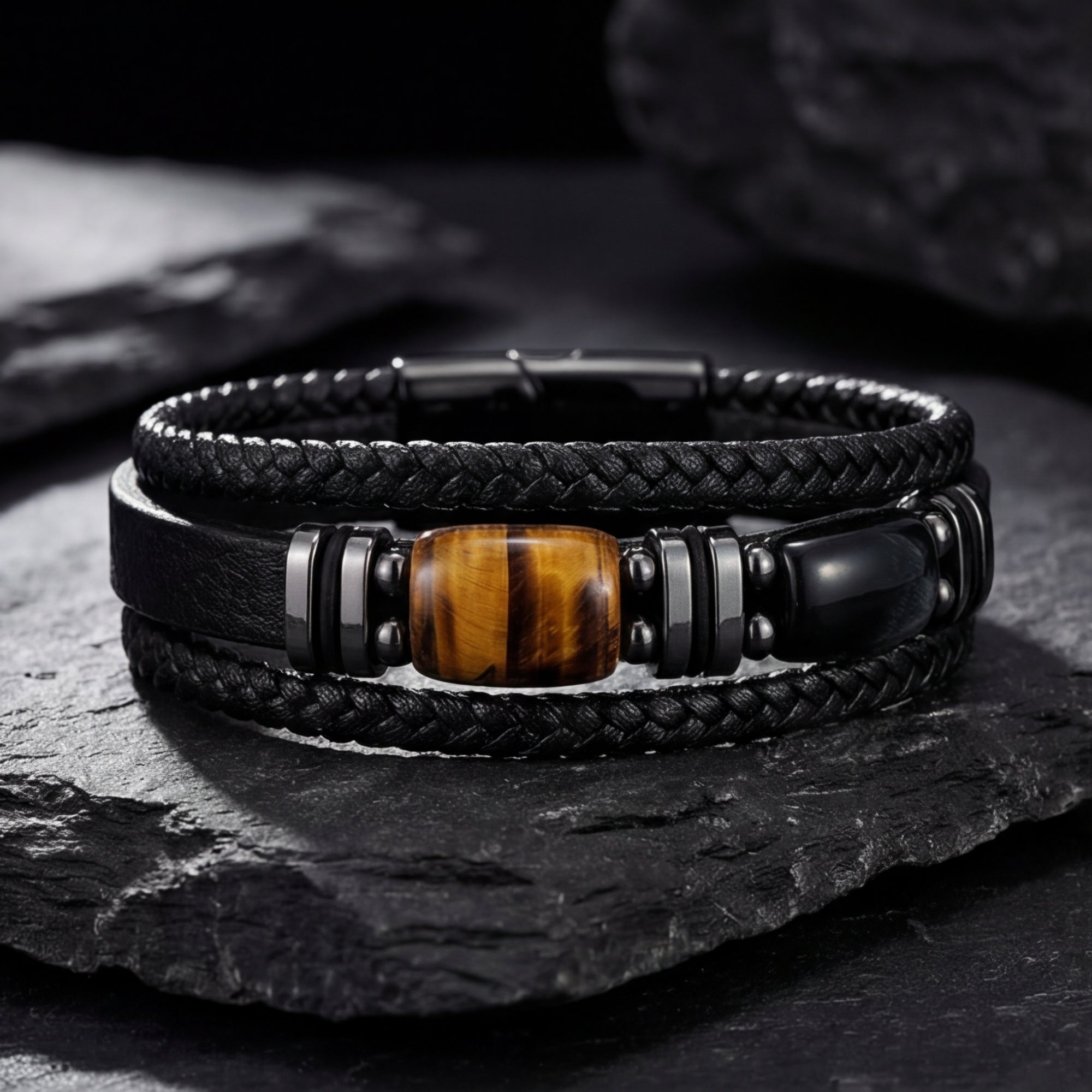 Macro view of tiger's eye and black stones on a black ion-bonded steel and leather Citadel bracelet.