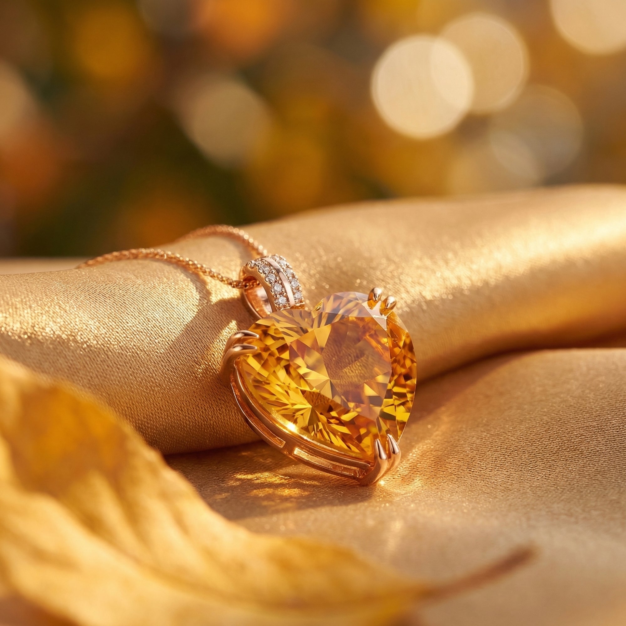 Close-up of a faceted heart-cut citrine pendant with diamond accents on an 18K rose gold rope chain.