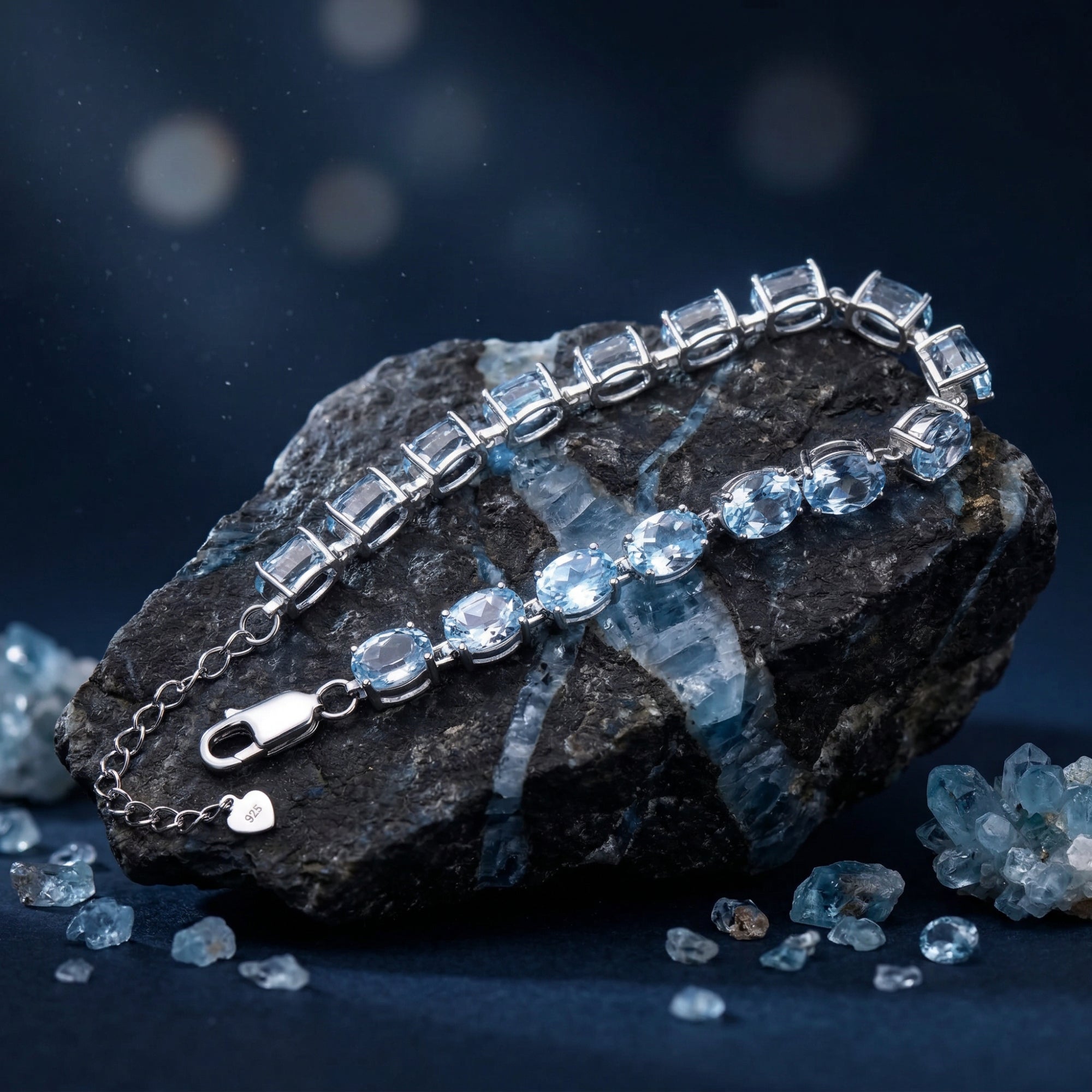 Detail view of the oval cut blue topaz tennis bracelet showing the white gold settings and adjustable clasp.