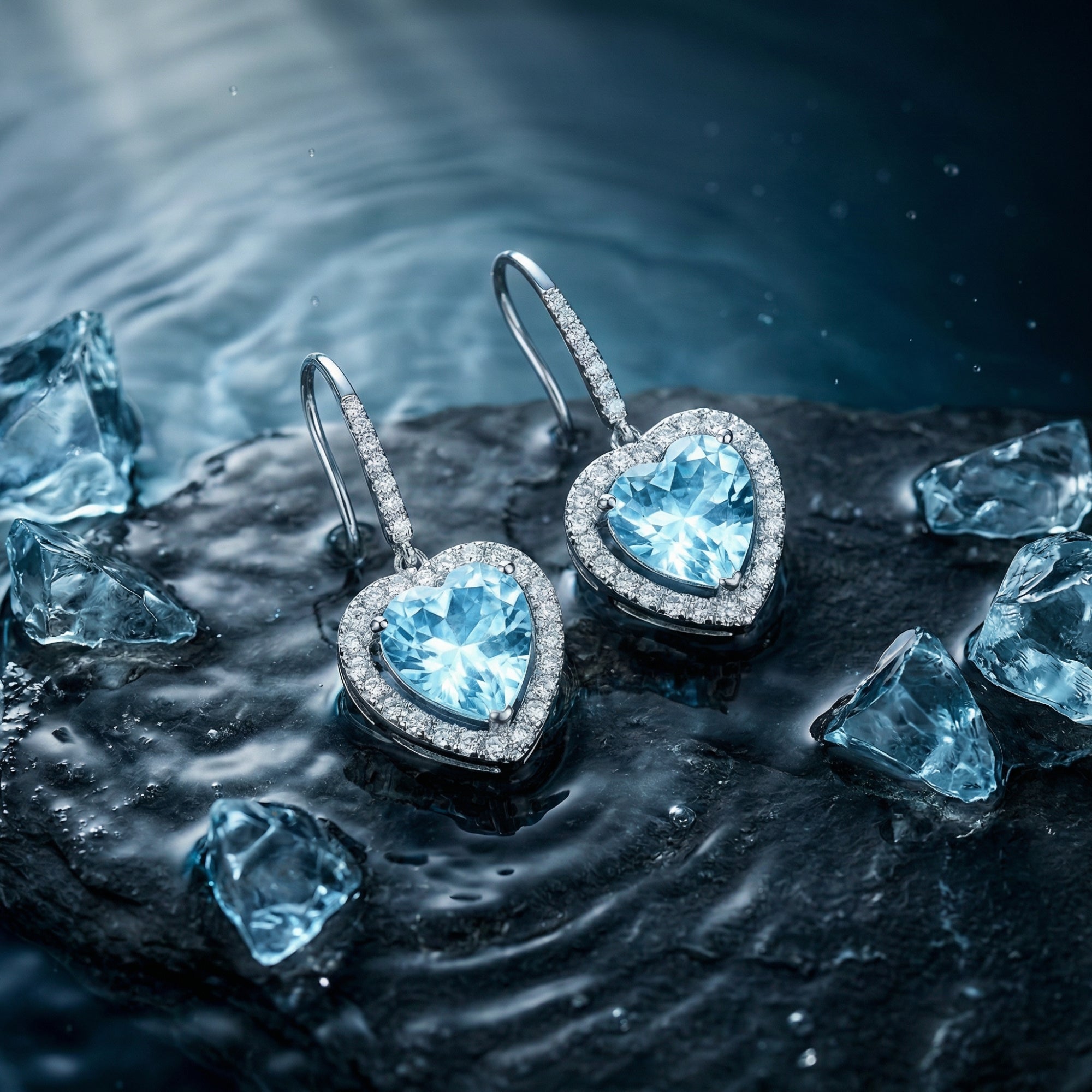 Platinum heart-shaped aquamarine drop earrings resting on a wet stone with blue crystal accents.