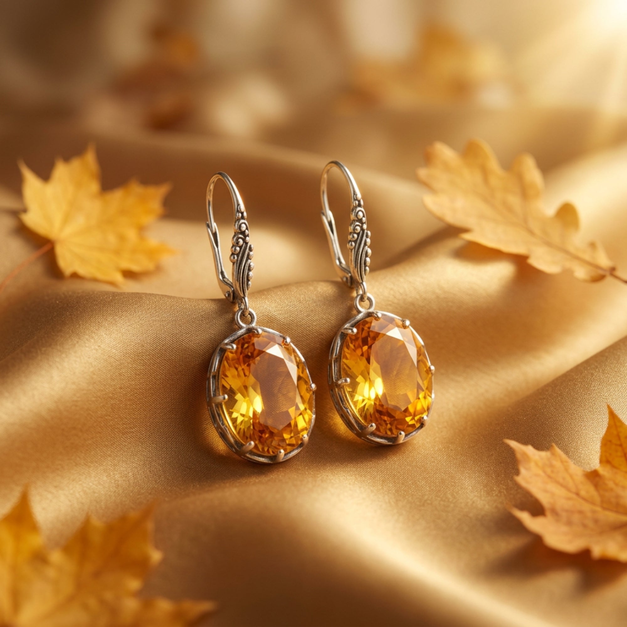 Silver oval cut citrine drop earrings on draped gold silk fabric surrounded by autumn maple leaves.