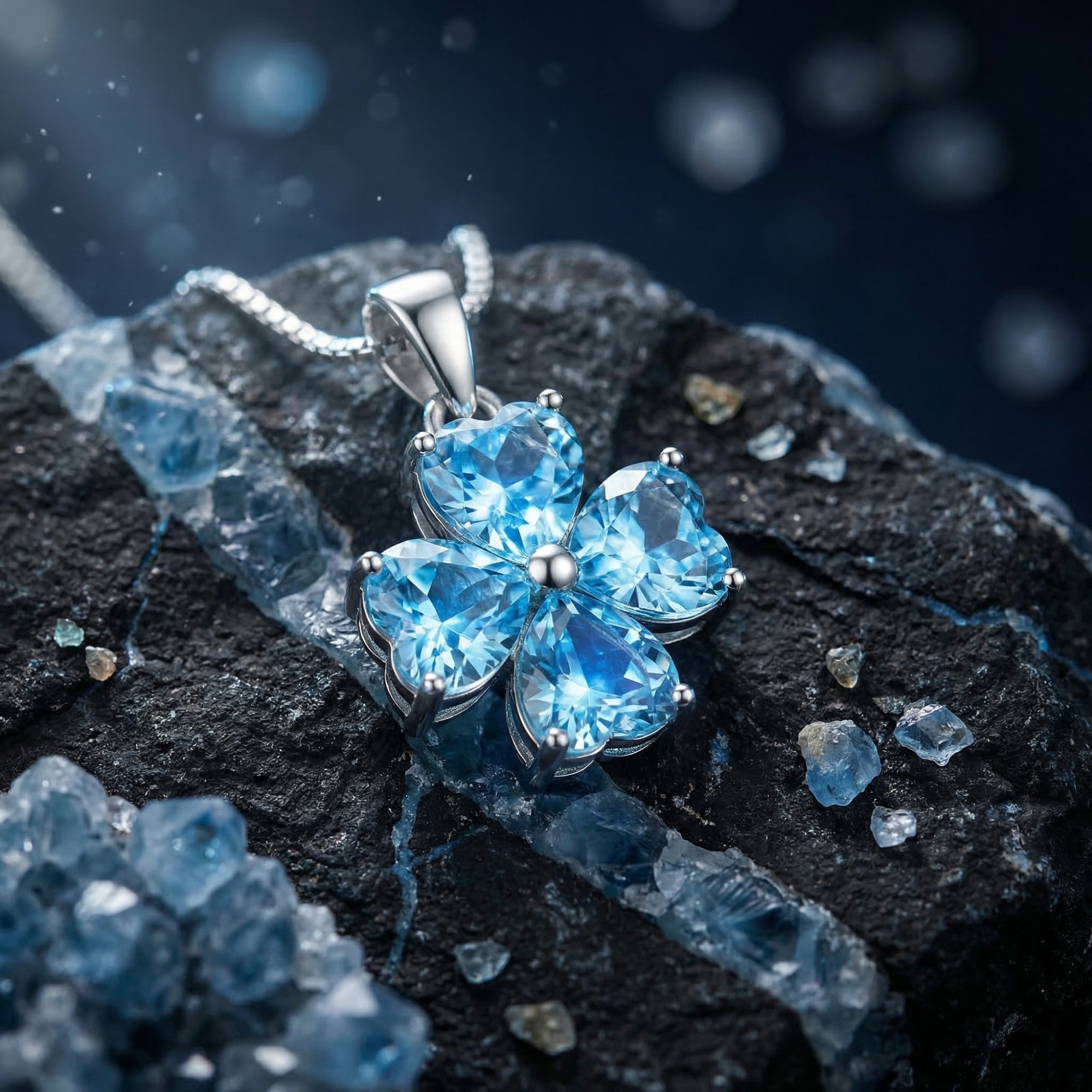 Macro view of heart-cut natural blue topaz gemstones in a white gold clover pendant necklace.