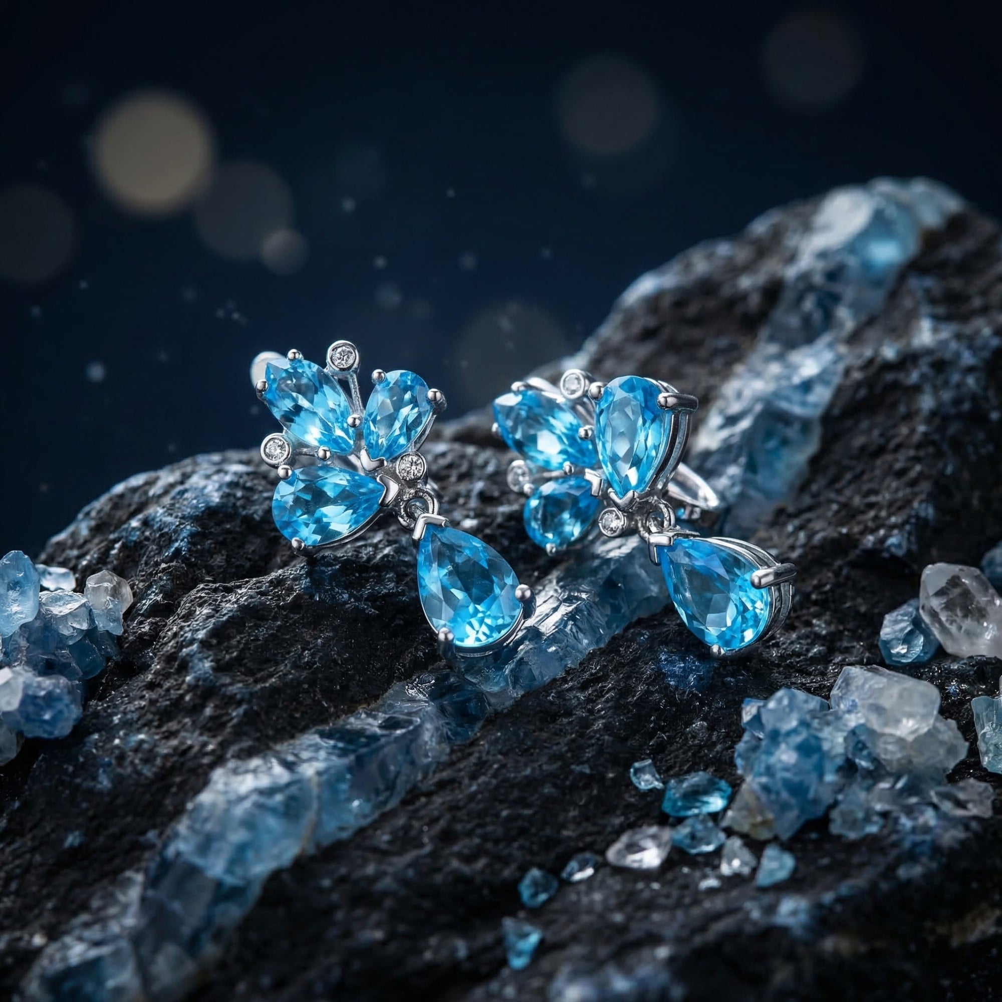 Close-up of silver drop earrings highlighting the faceted pear and marquise cut Swiss blue topaz stones.