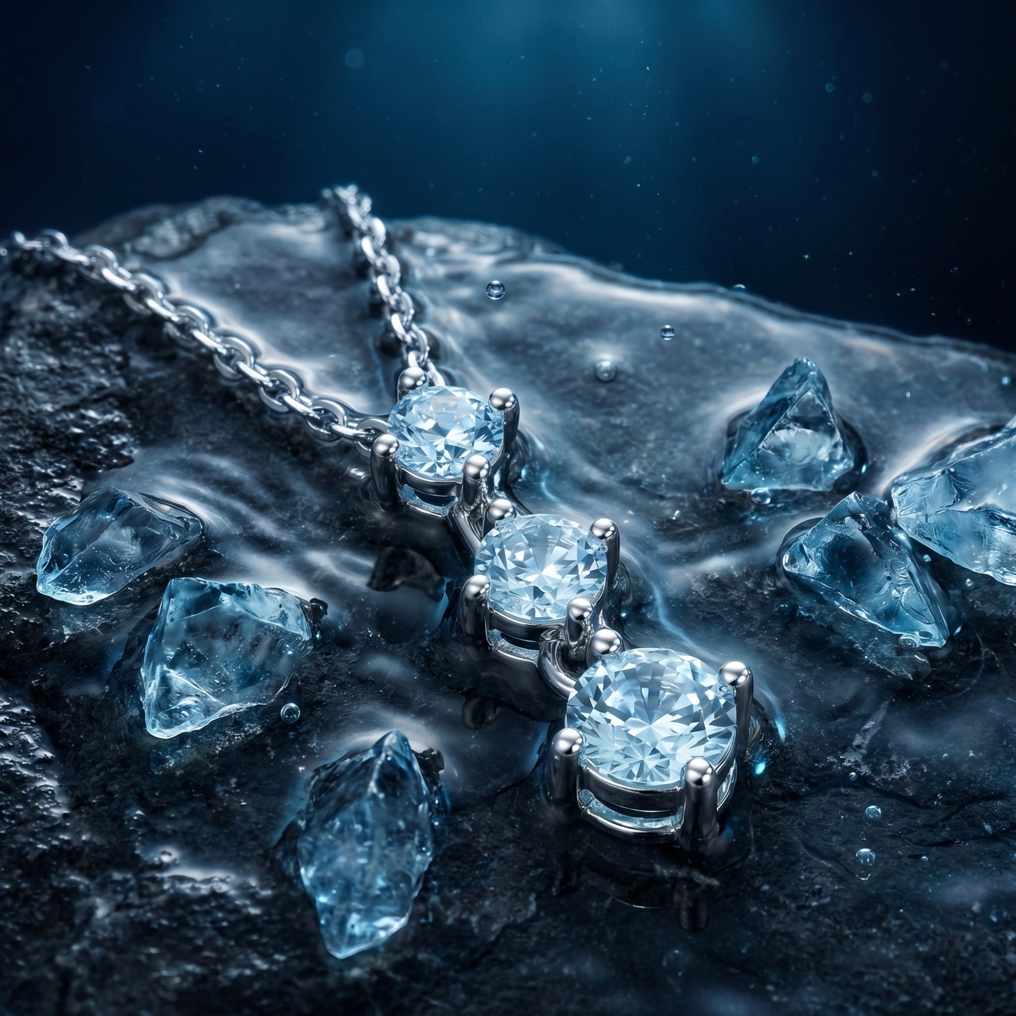 Macro view of three graduated round aquamarine stones in a platinum setting on a dark, wet rock surface.
