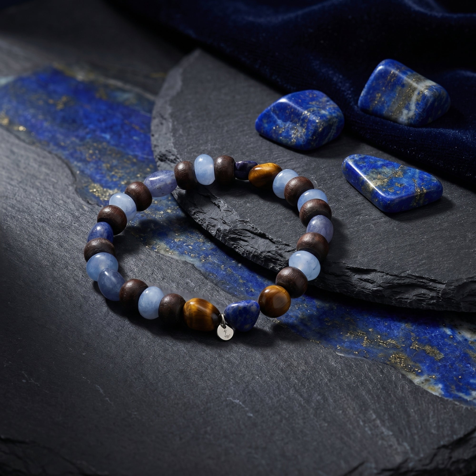 The Stargazer Natural Lapis Bracelet with round lapis and tiger's eye beads and gold plated charm on stone and velvet.