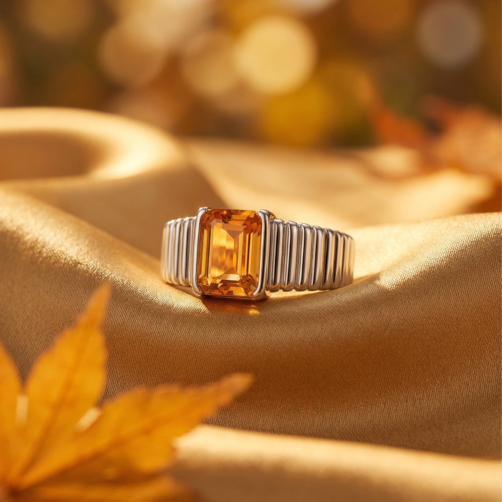 Detailed macro view of an emerald-cut natural citrine in a ribbed sterling silver setting.