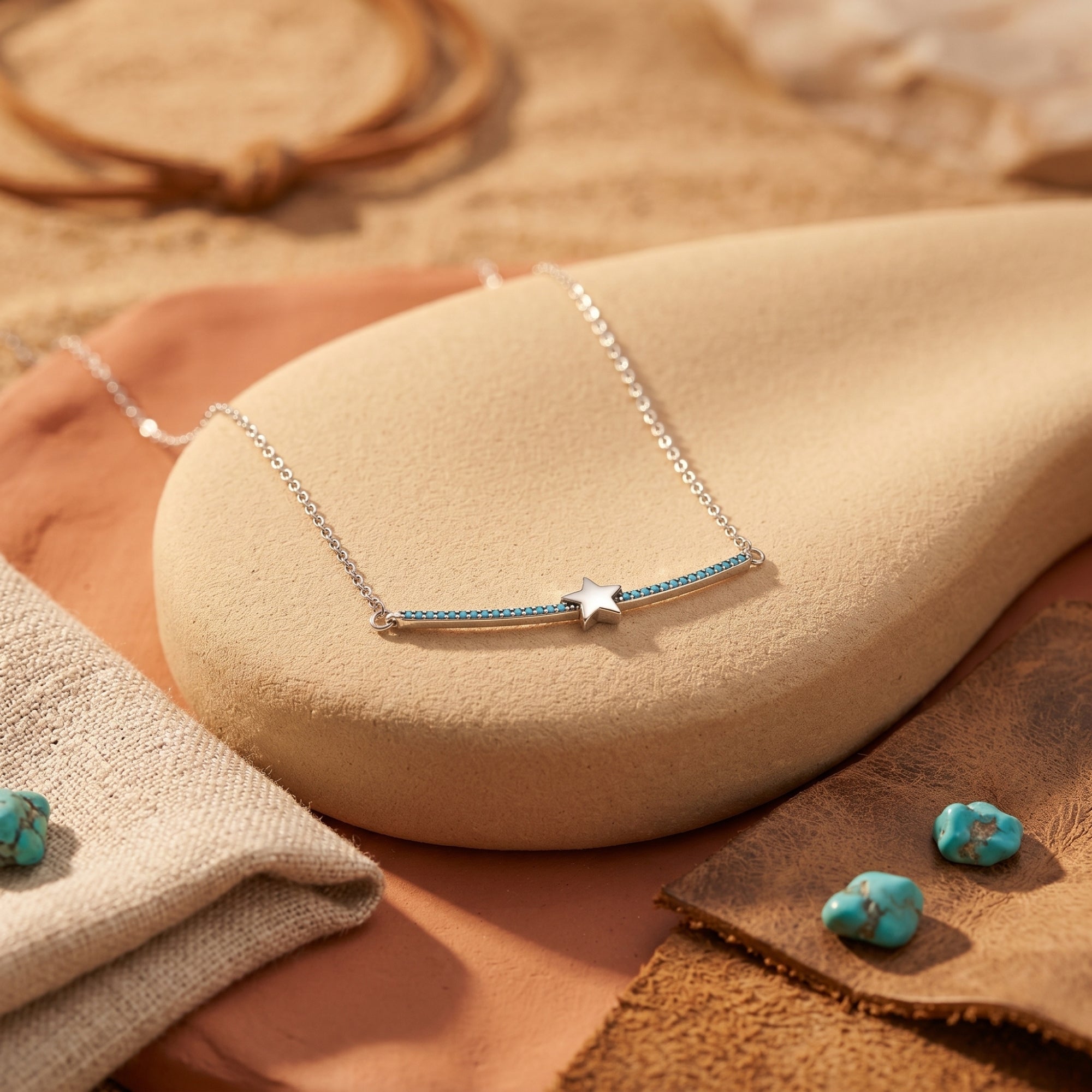 Silver Phoenix Star turquoise bar necklace on a smooth stone with loose turquoise gems in a Southwest-inspired setting.
