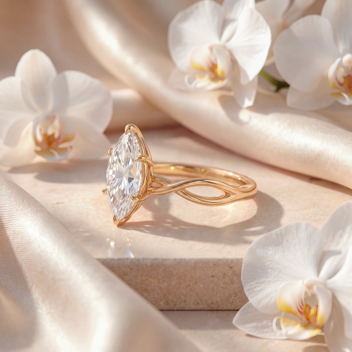 Side view of a gold engagement ring showcasing the twisted band design and marquise moissanite setting.
