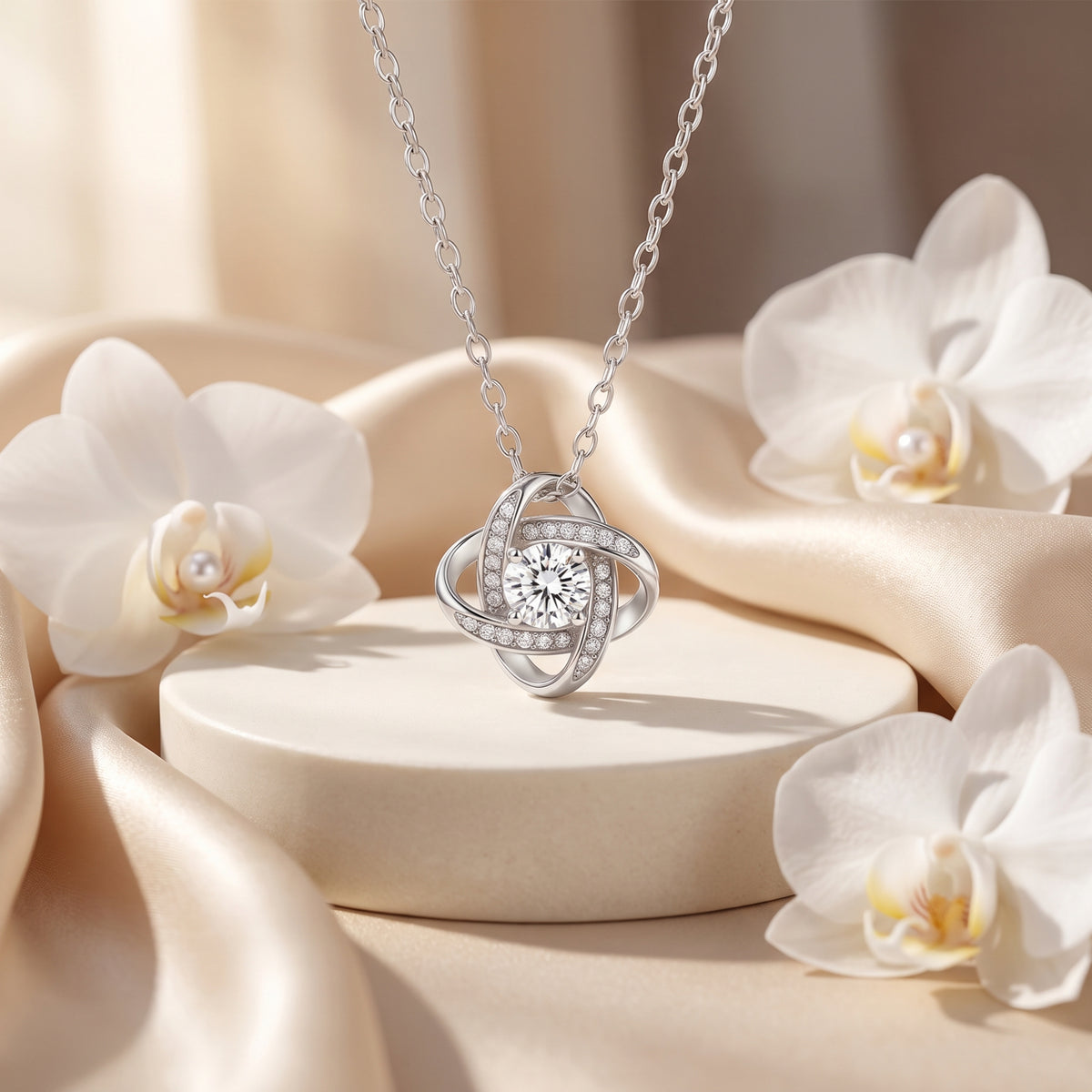 Silver love-knot pendant with clear center stone, close-up on a cream jewelry stand