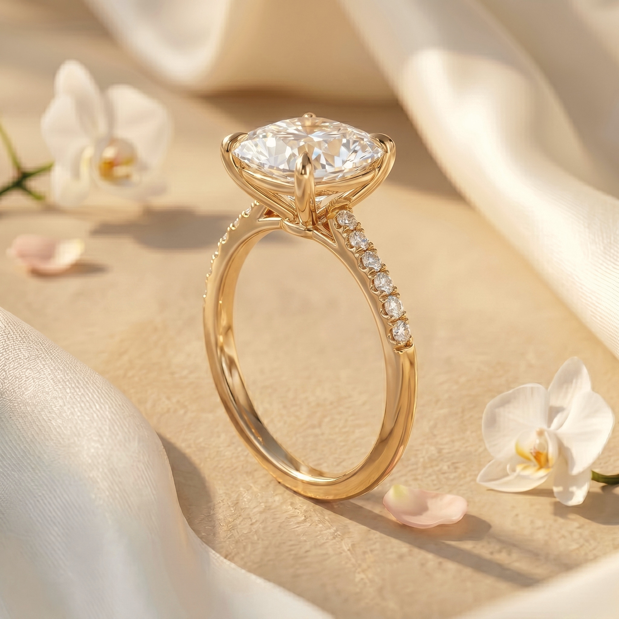A side profile view showing the intricate basket and pavé detailing of a yellow gold cushion-cut moissanite ring.