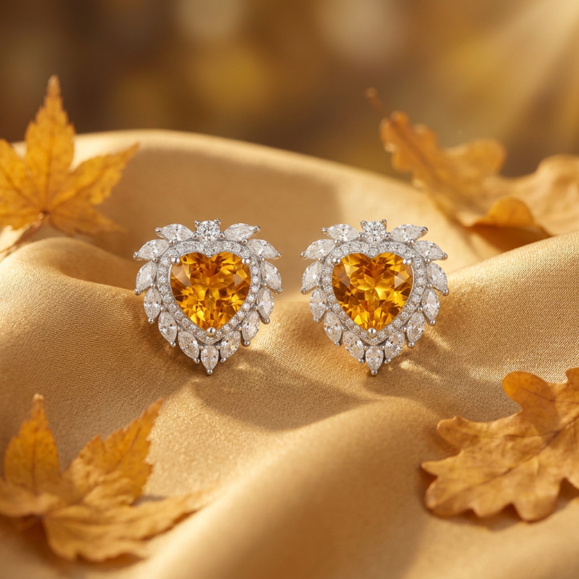 Detailed view of heart-cut natural citrine earrings showing the faceted stones and marquise halo setting.