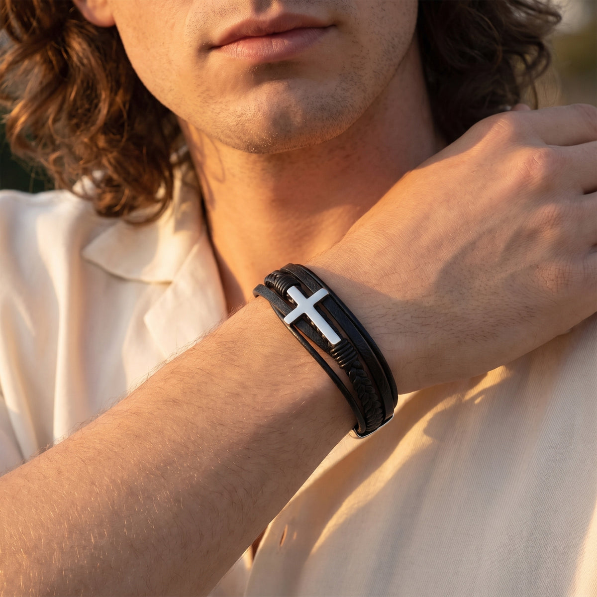 The Braided Leather Cross Bracelet