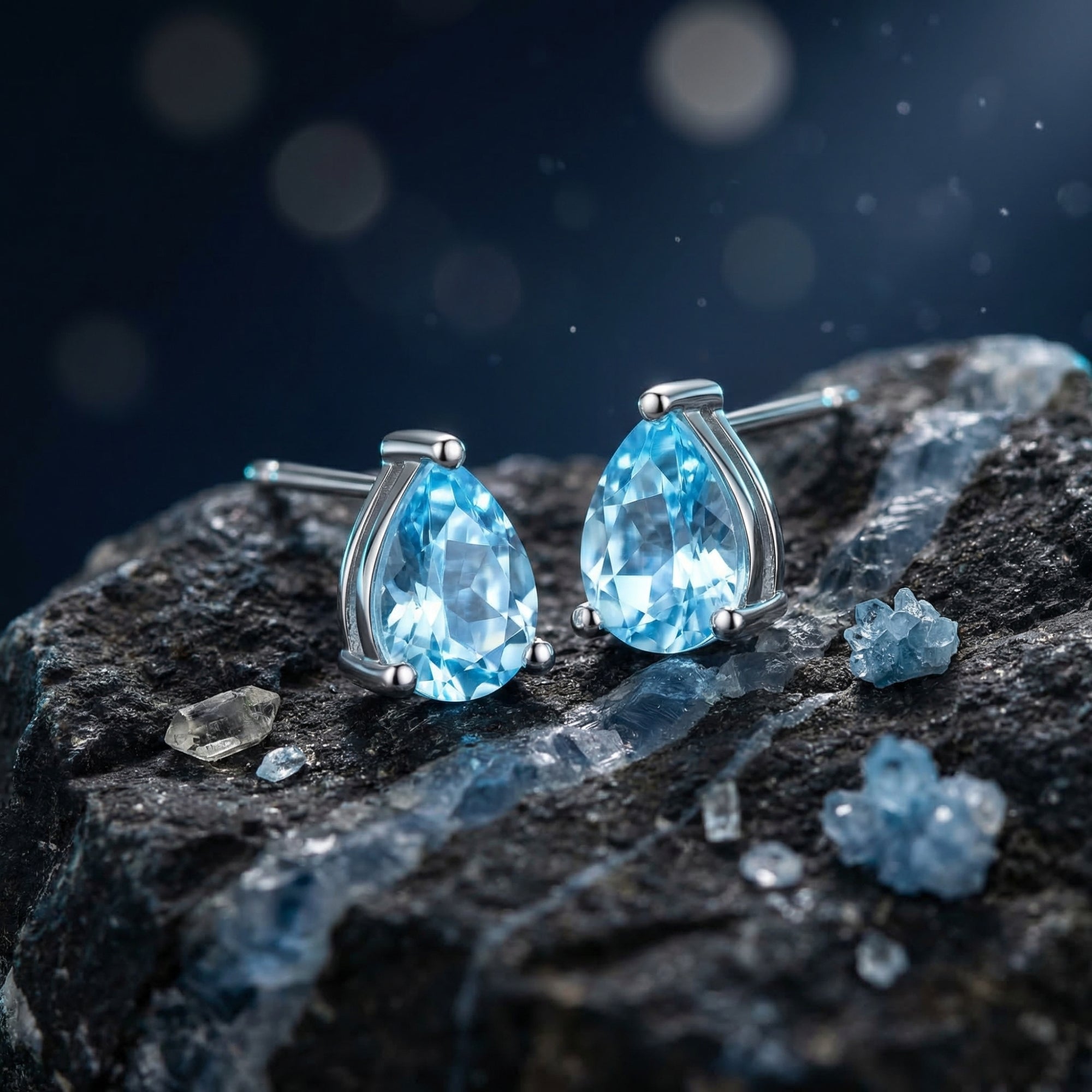 Macro shot of pear-cut Swiss blue topaz earrings in sterling silver, highlighting the faceted stones and settings.