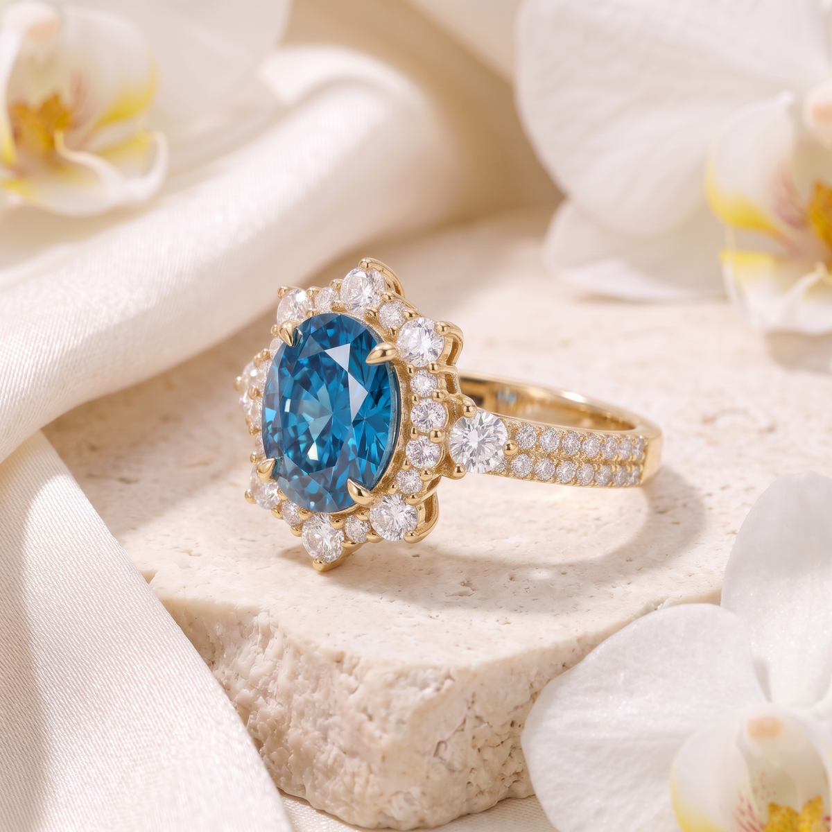 Angled side view of the yellow gold oval blue moissanite halo ring showcasing the ornate setting and double-row pavé band.