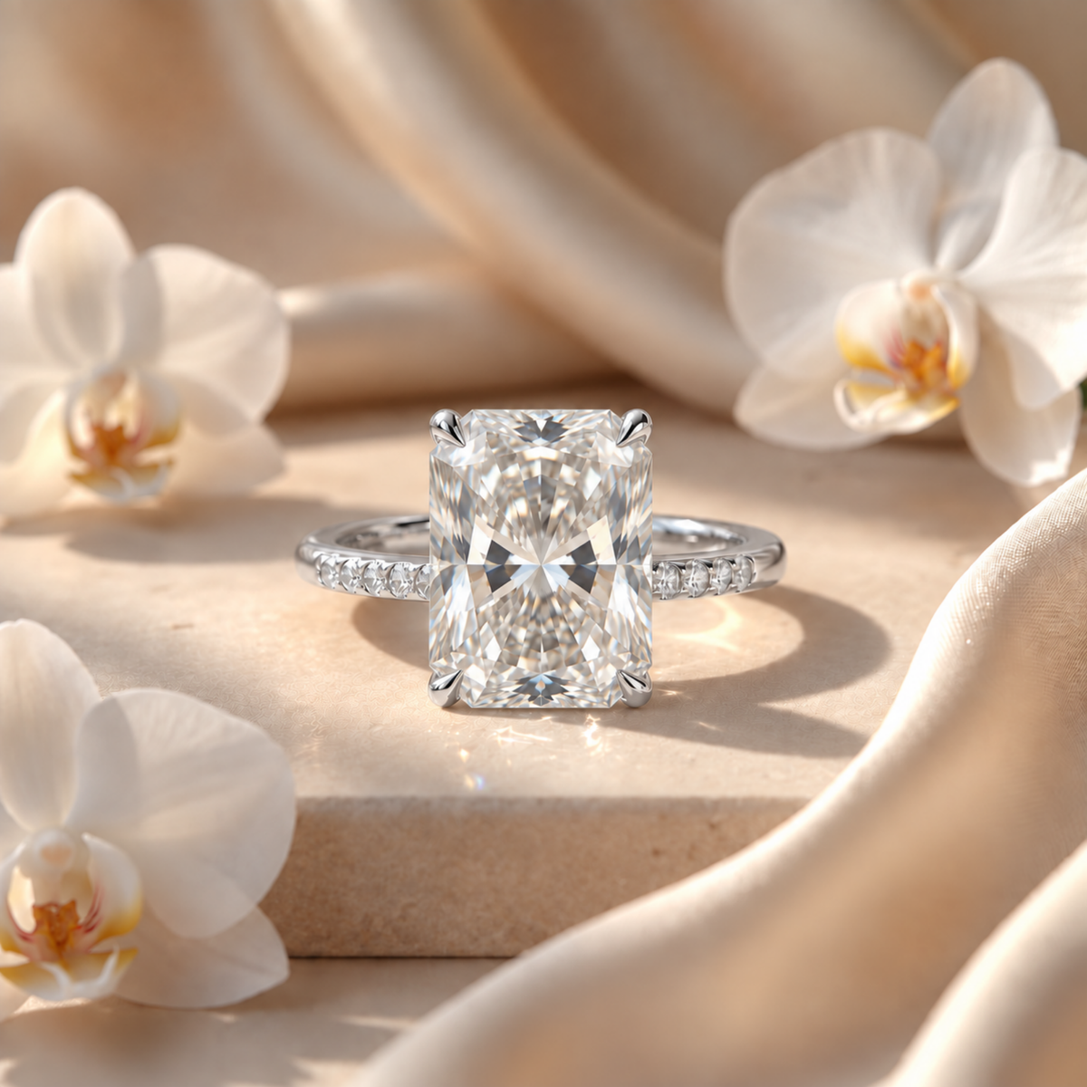 Front view of a radiant cut moissanite engagement ring with a pavé white gold band.