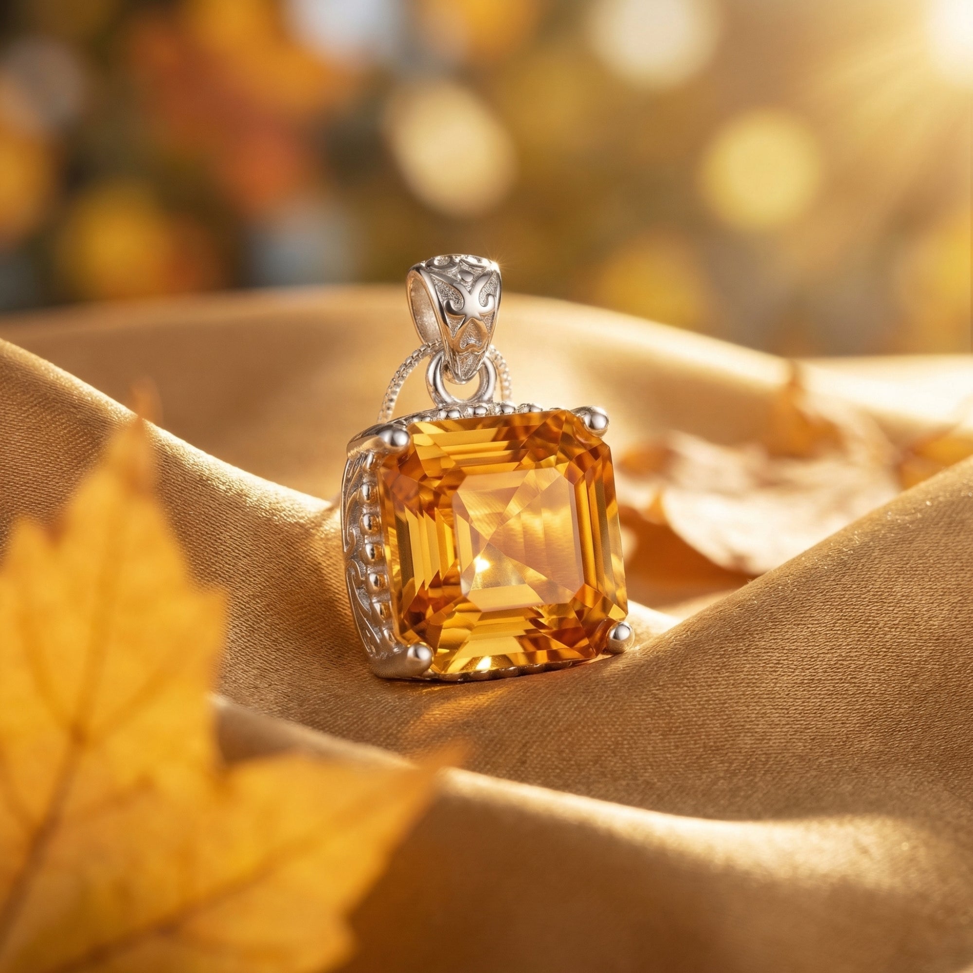 Close-up of a 12x12mm square-cut natural citrine pendant showing detailed silver filigree setting.