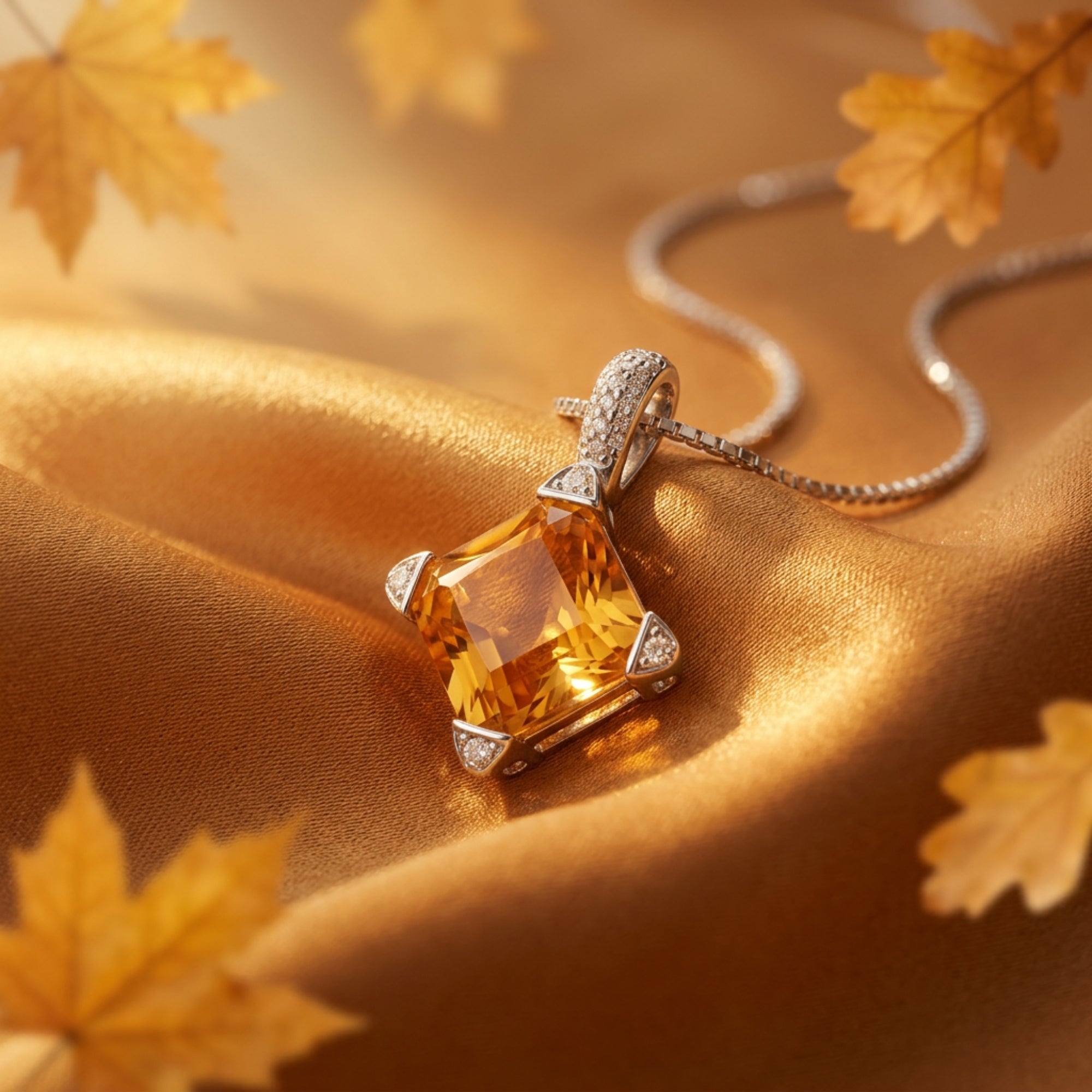 Macro view of a faceted square-cut natural citrine pendant in a sterling silver setting on gold silk fabric.