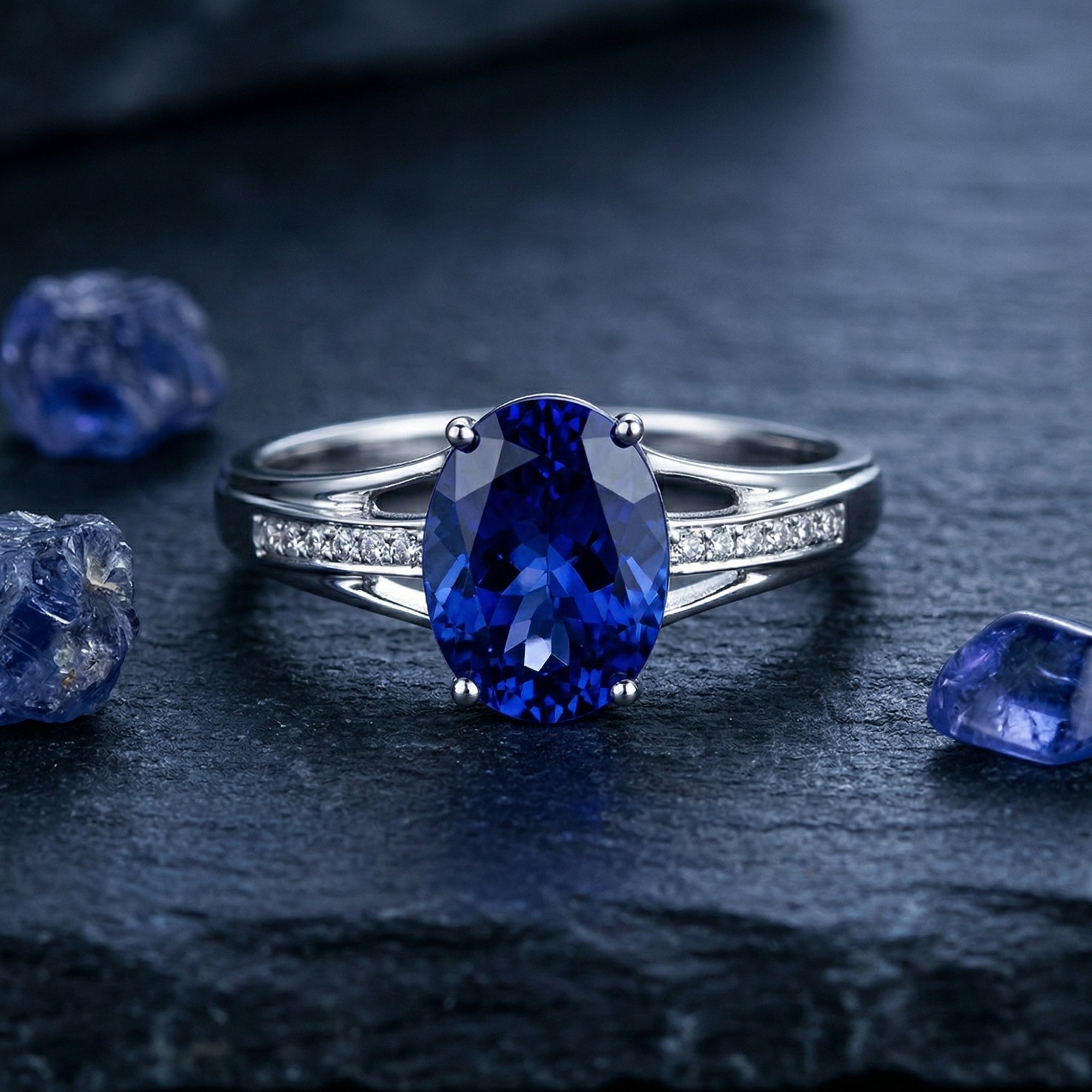 Frontal macro shot of the 18K white gold oval tanzanite ring with diamond-set split shank.