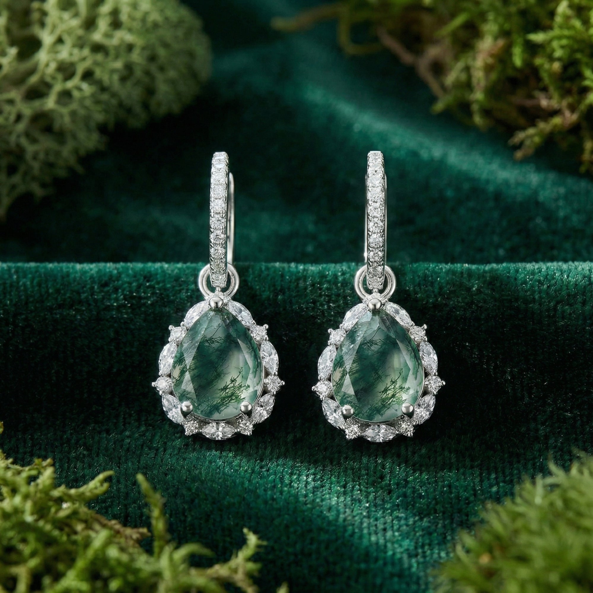 Teardrop Halo Natuurlijke Mosagaat Leverback Oorbellen - S925 Sterling Zilver