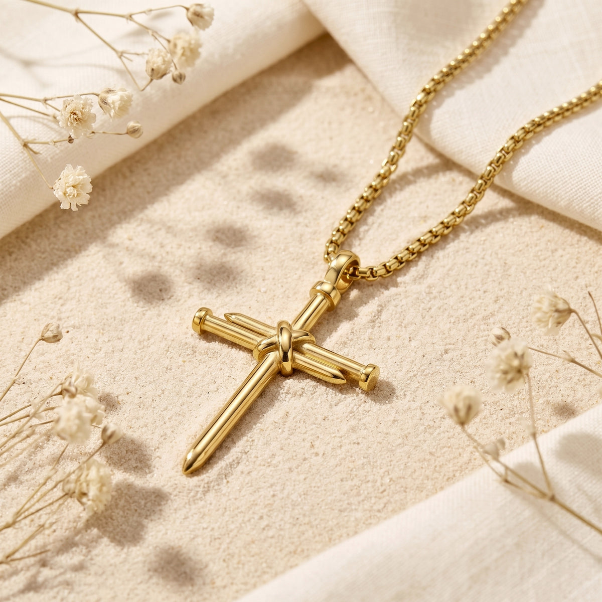 Angled close-up of the gold-tone bound nail cross necklace on sand beside white fabric and dried flowers.