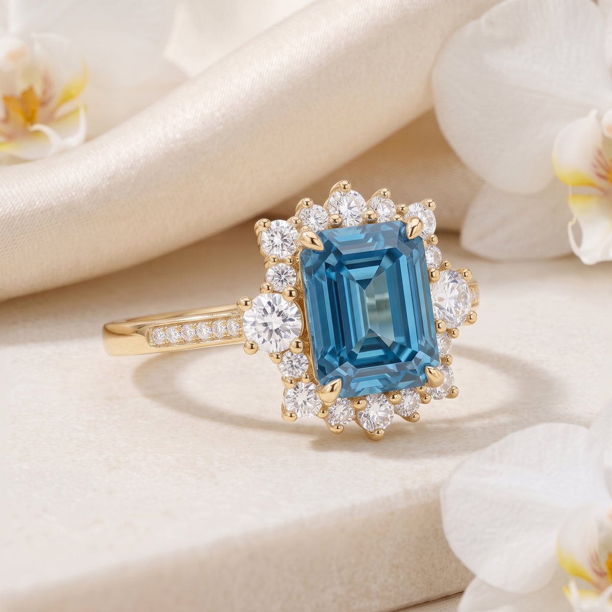 Angled view of a yellow gold emerald-cut blue moissanite halo ring with pavé accent stones.