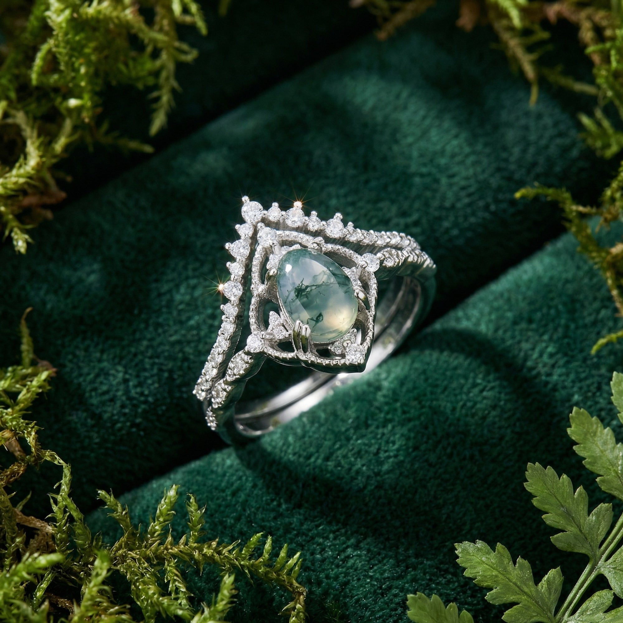 Diamant Bezette Ovale Natuurlijke Agaat Ring Set - S925 Sterling Zilver