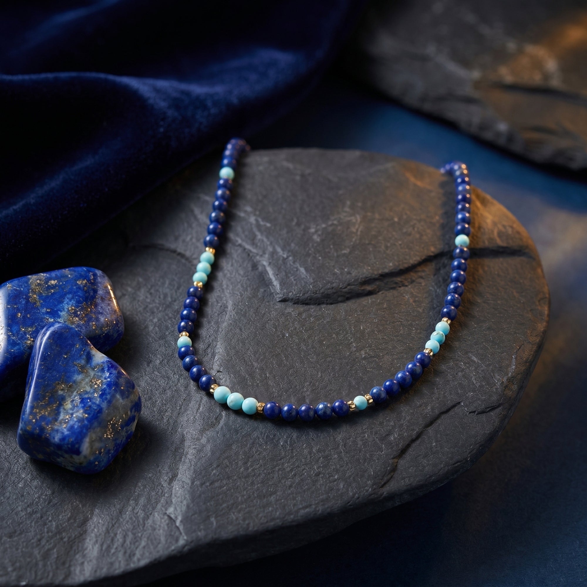 Beaded lapis lazuli necklace with light blue accents and gold spacers displayed on a dark textured stone.
