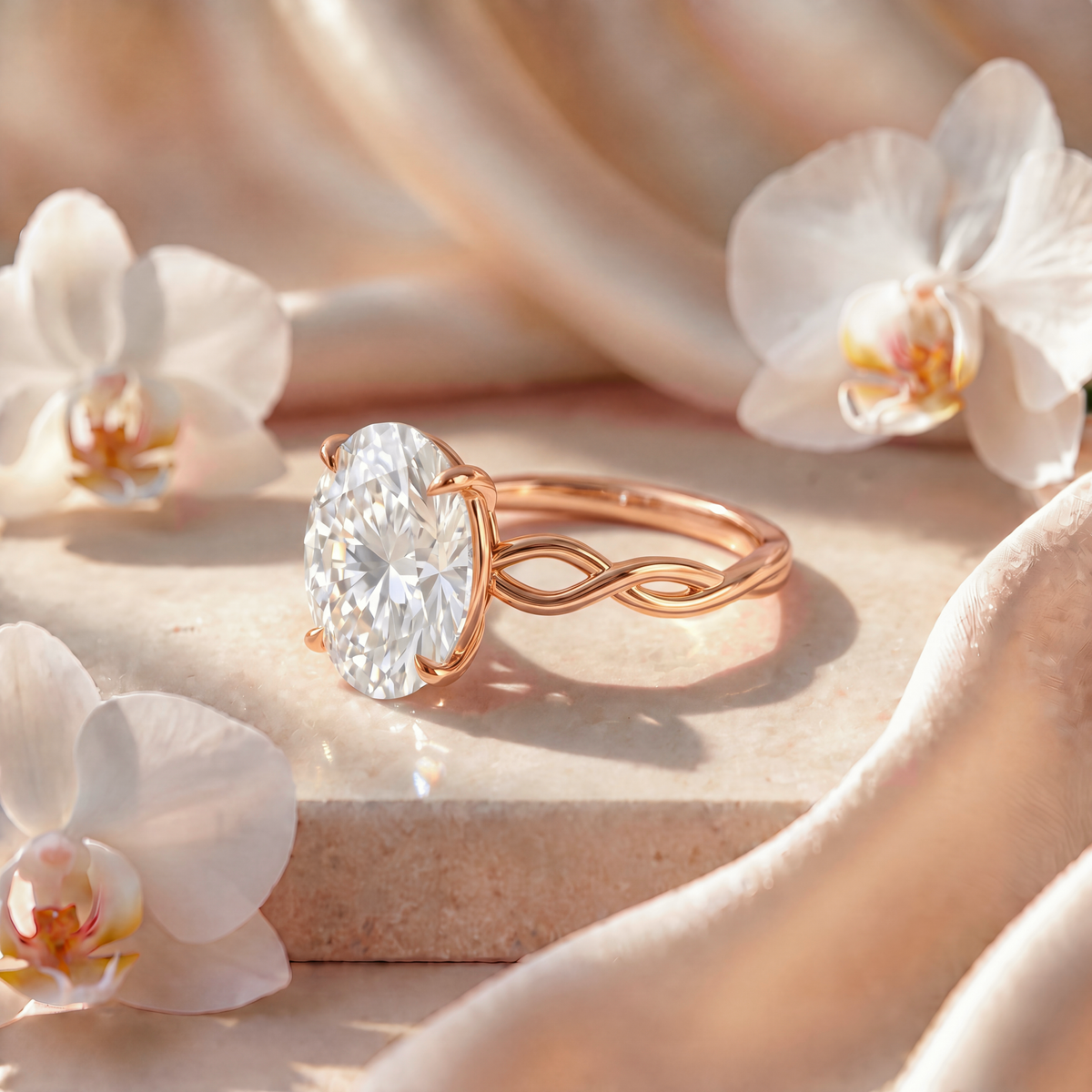 Side profile view of an oval moissanite engagement ring with a twisted gold band.