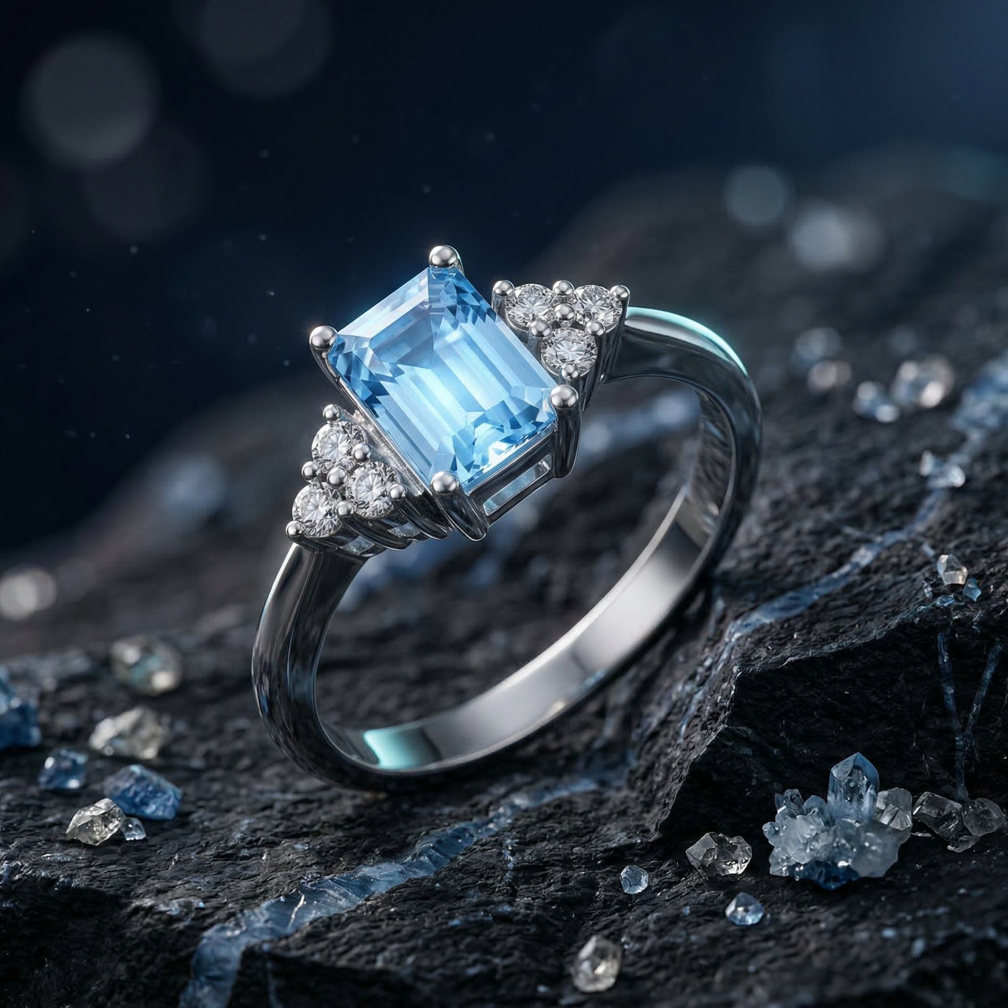 Close-up of an emerald cut natural blue topaz sterling silver ring showing the side stone details on a dark rock.