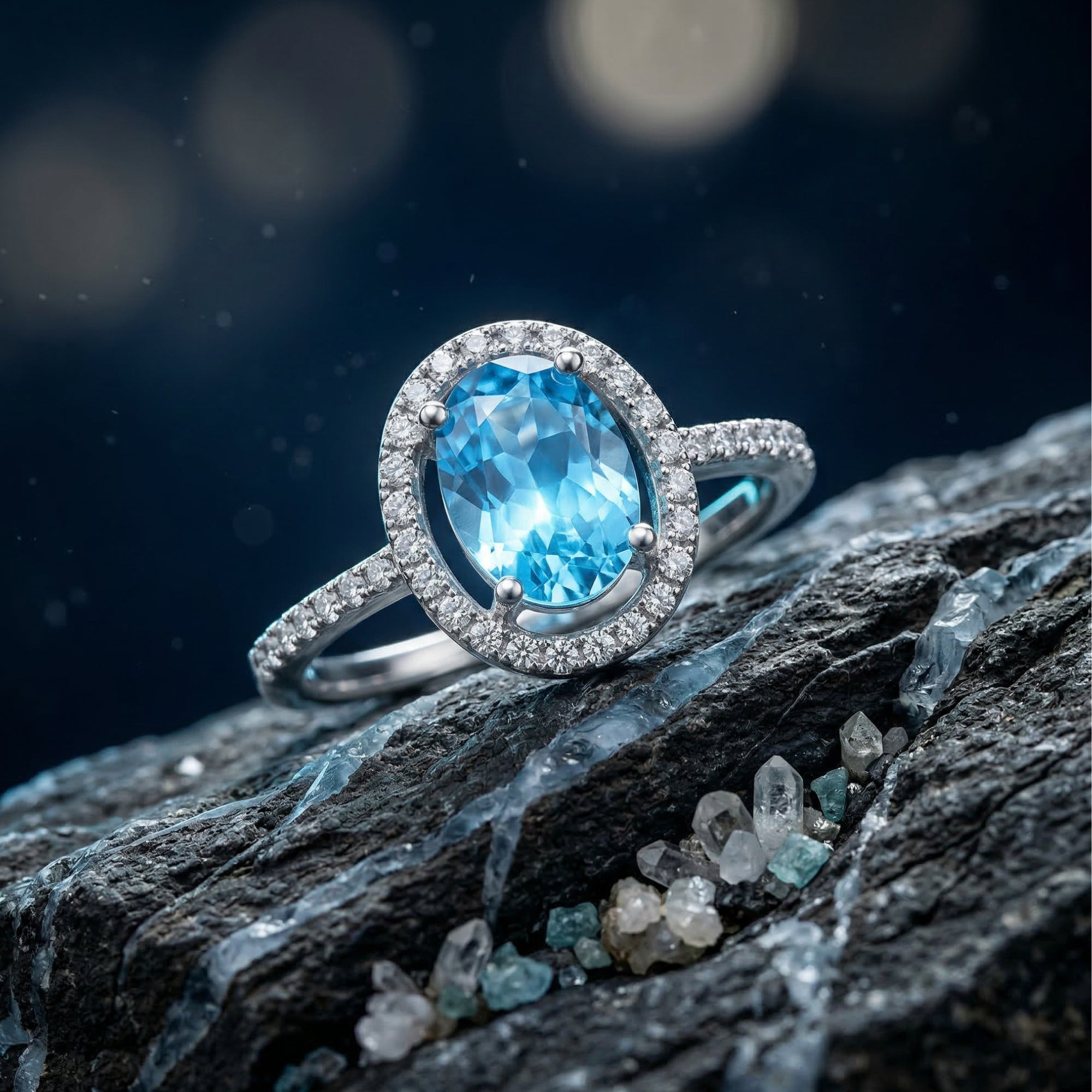 Macro view of an oval cut natural Swiss blue topaz ring in a sterling silver halo setting on a dark stone surface.